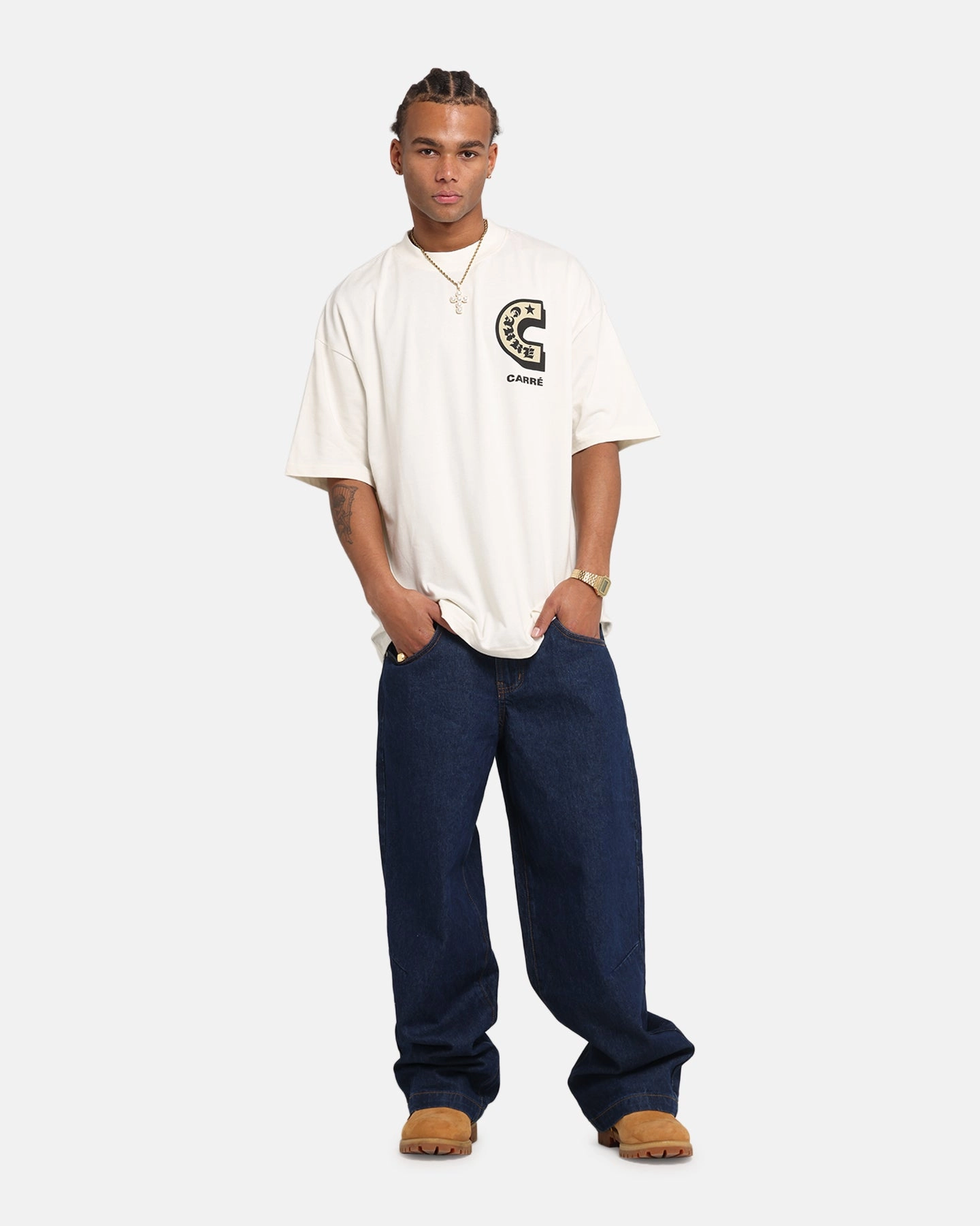 Carre Sacred Letter Mock Neck T-Shirt Off White Flatlock stitching