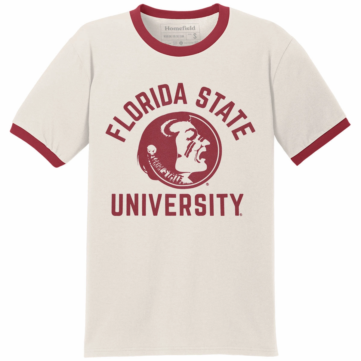 Homefield Men's Vault Florida State University Seminole Logo Short Sleeve Ringer T-shirt - Cream/Cardinal Fun Style Foam Print Detail