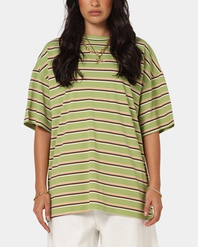 Foam Print Detail Basic Top XXIII Standard Stripe T-Shirt Green/Orange