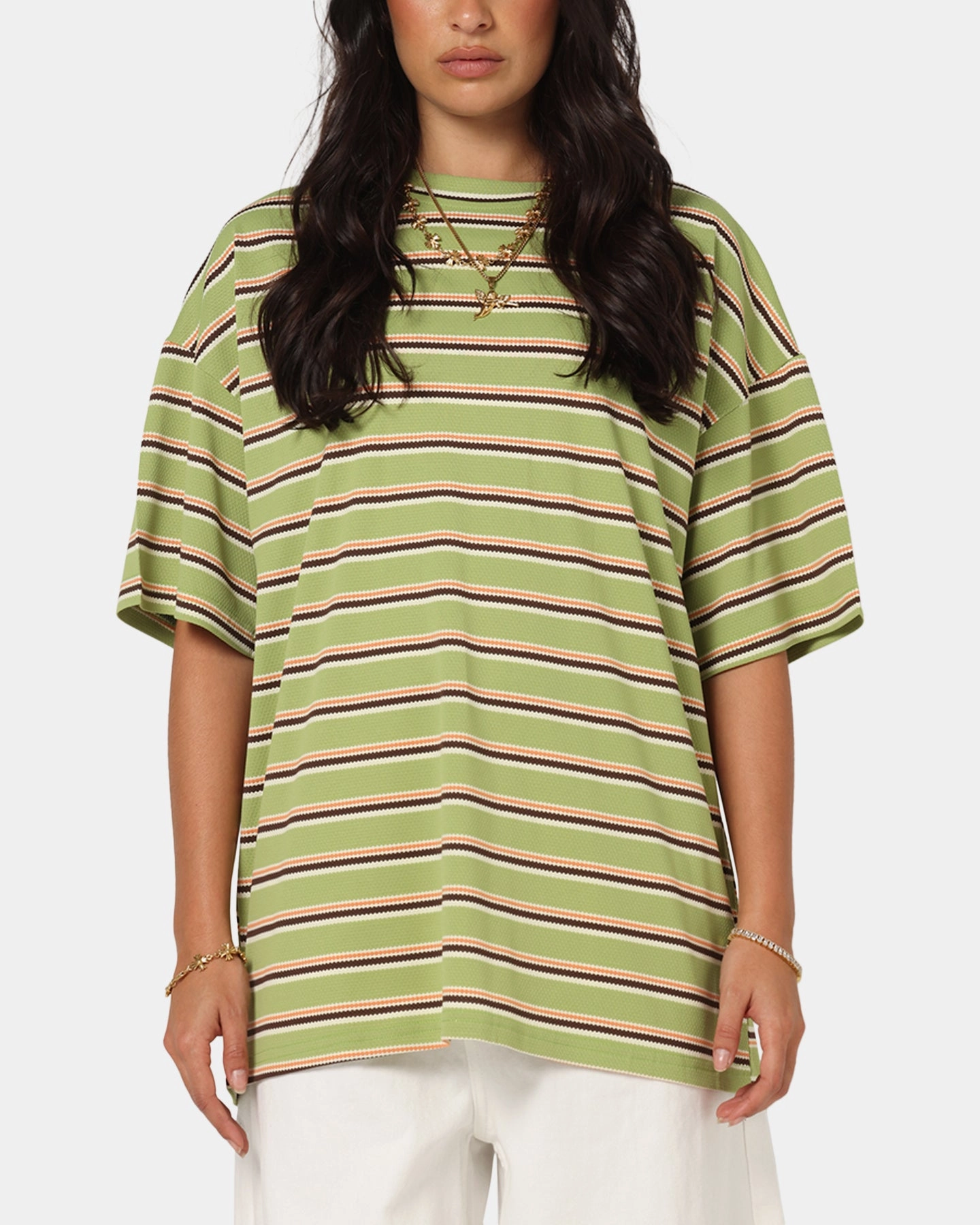 Foam Print Detail Basic Top XXIII Standard Stripe T-Shirt Green/Orange