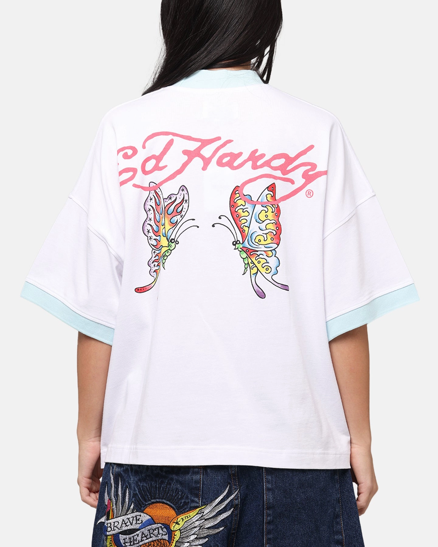 Ed Hardy Butterfly Ringer T-Shirt White All-Purpose Comfort High Quality