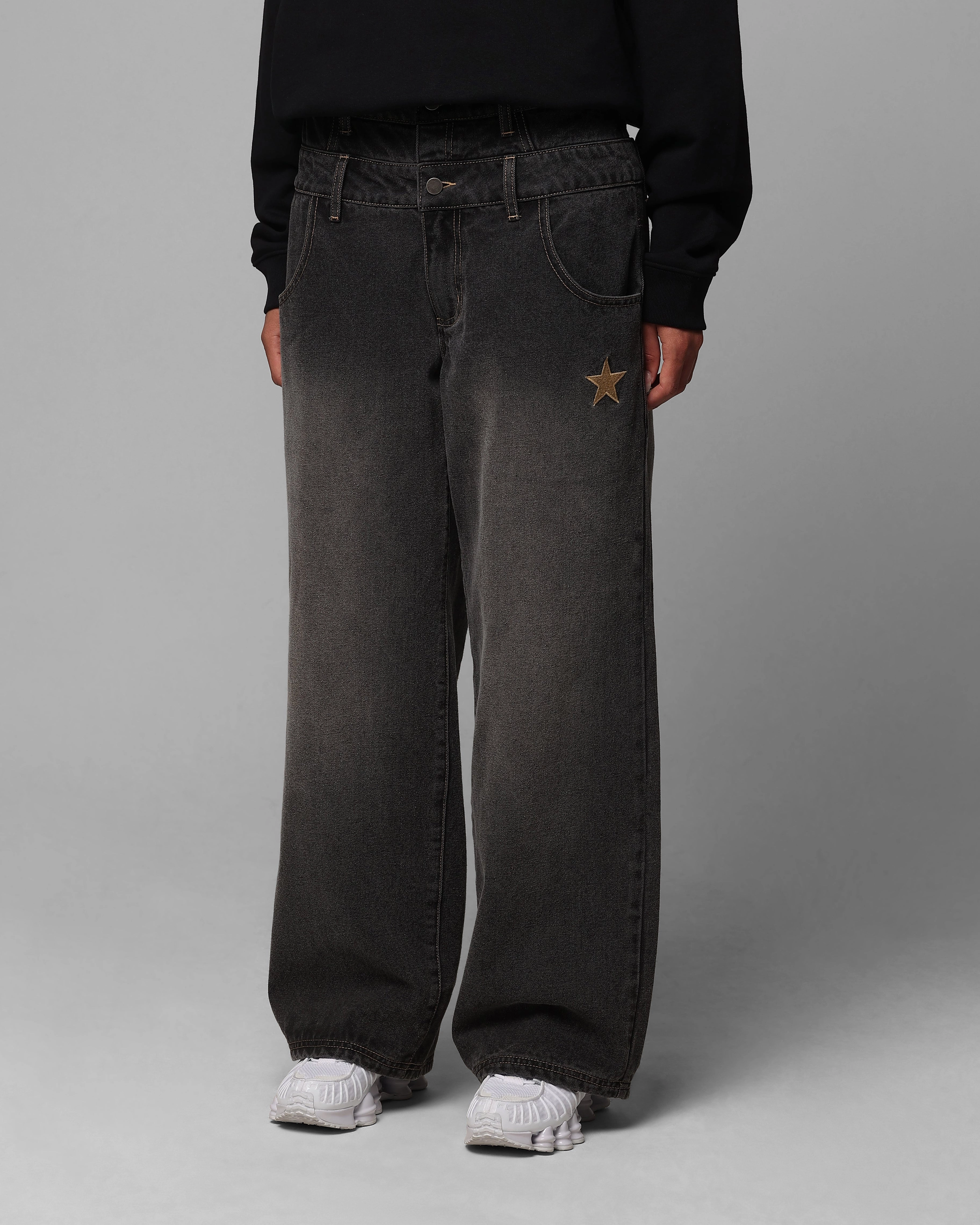 Night Out Neutral Textured Edgy Design Loiter Star Layered Jeans Vintage Black