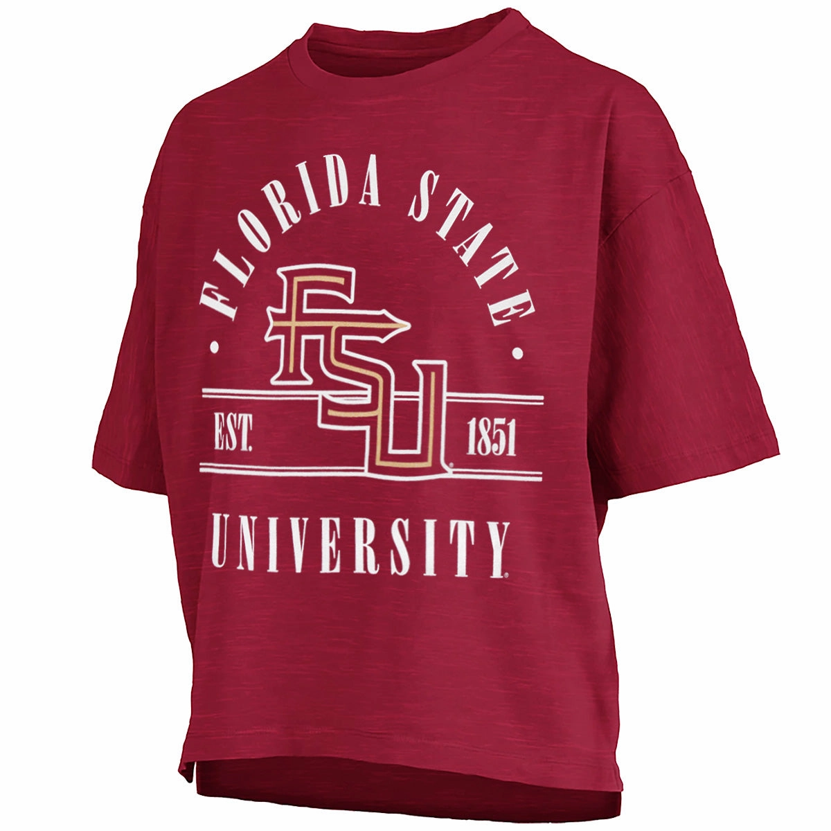 Pressbox Women's Florida State University/Stacked FSU Design Short Sleeve Waist-Length Oversized Slub Top - Garnet Casual Appeal MultiPly Fabric