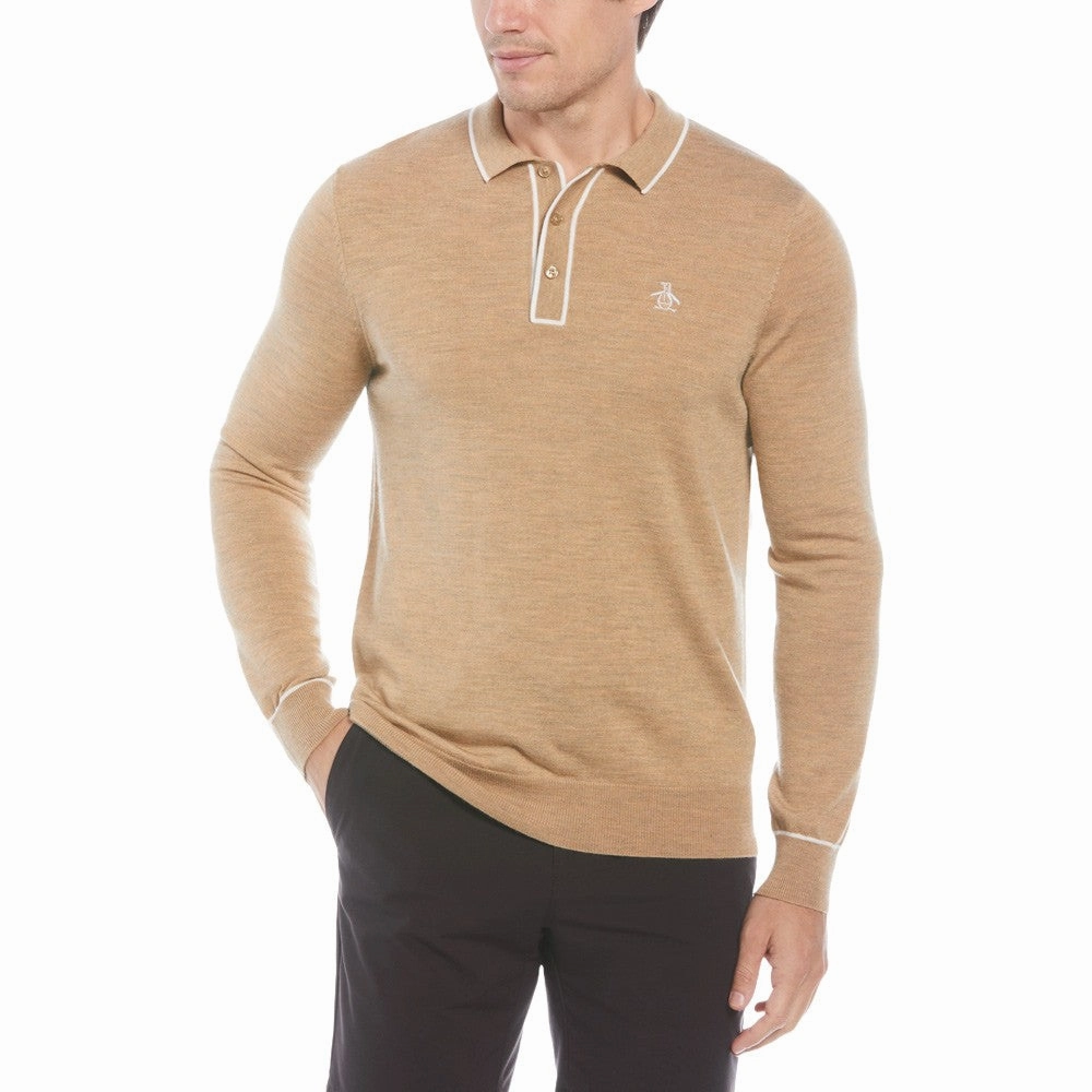 Heat Retention Lining WindproofDesign Original Penguin Earl Merino Wool Blend Golf Sweater Light Prairie Sand Heather - FA23 Men
