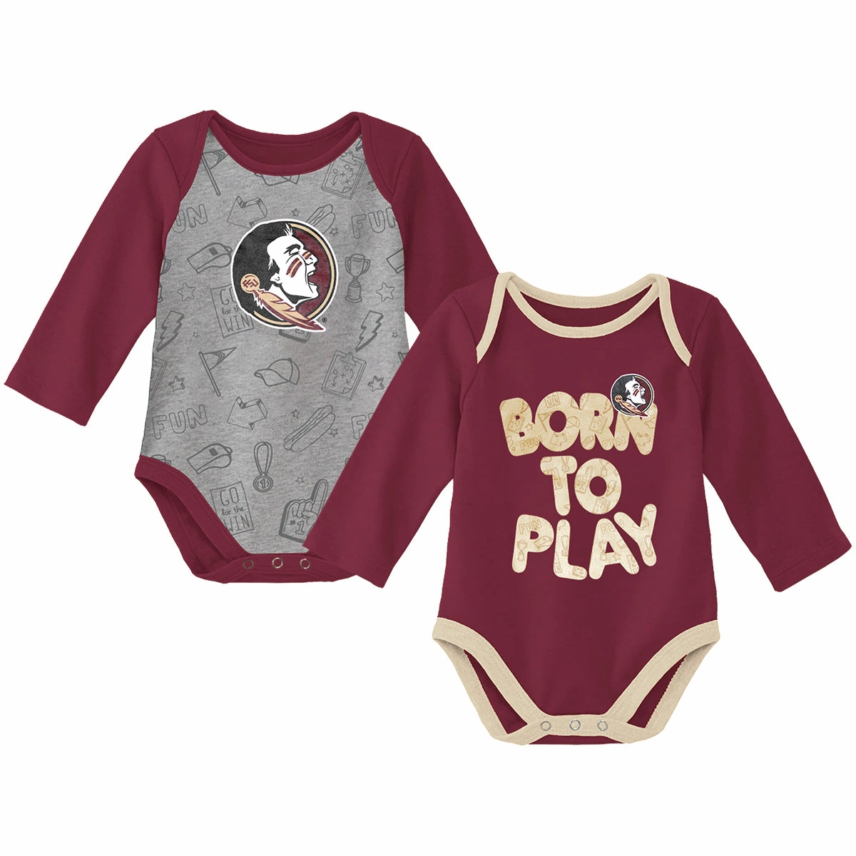 Outerstuff Infant Seminole Logo Born to Play Long Sleeve Creeper Set - Garnet/Grey Hypoallergenic fabric