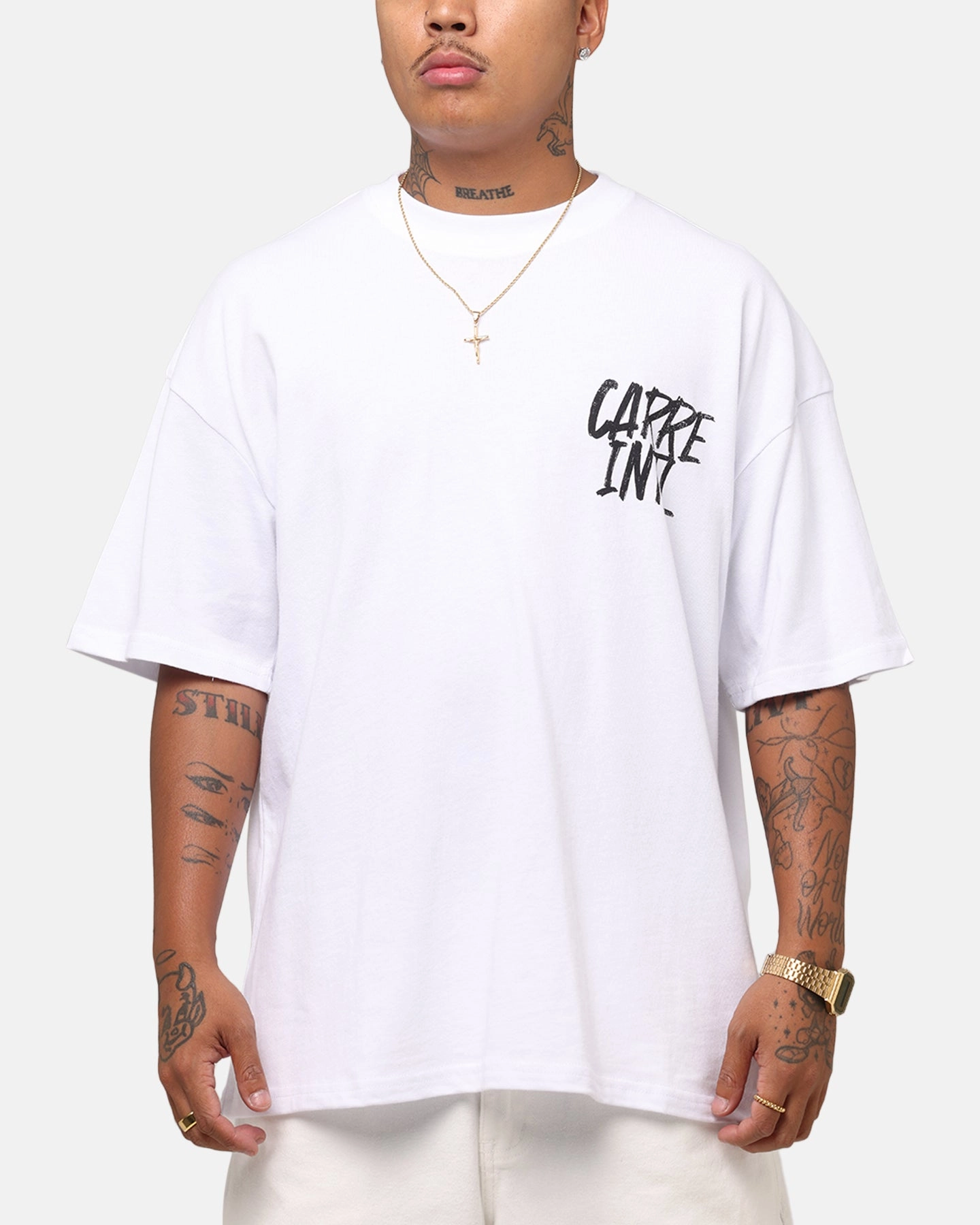 Carre Intl Drop Shoulder T-Shirt White Skin Friendly Blends Ribbed Neckline