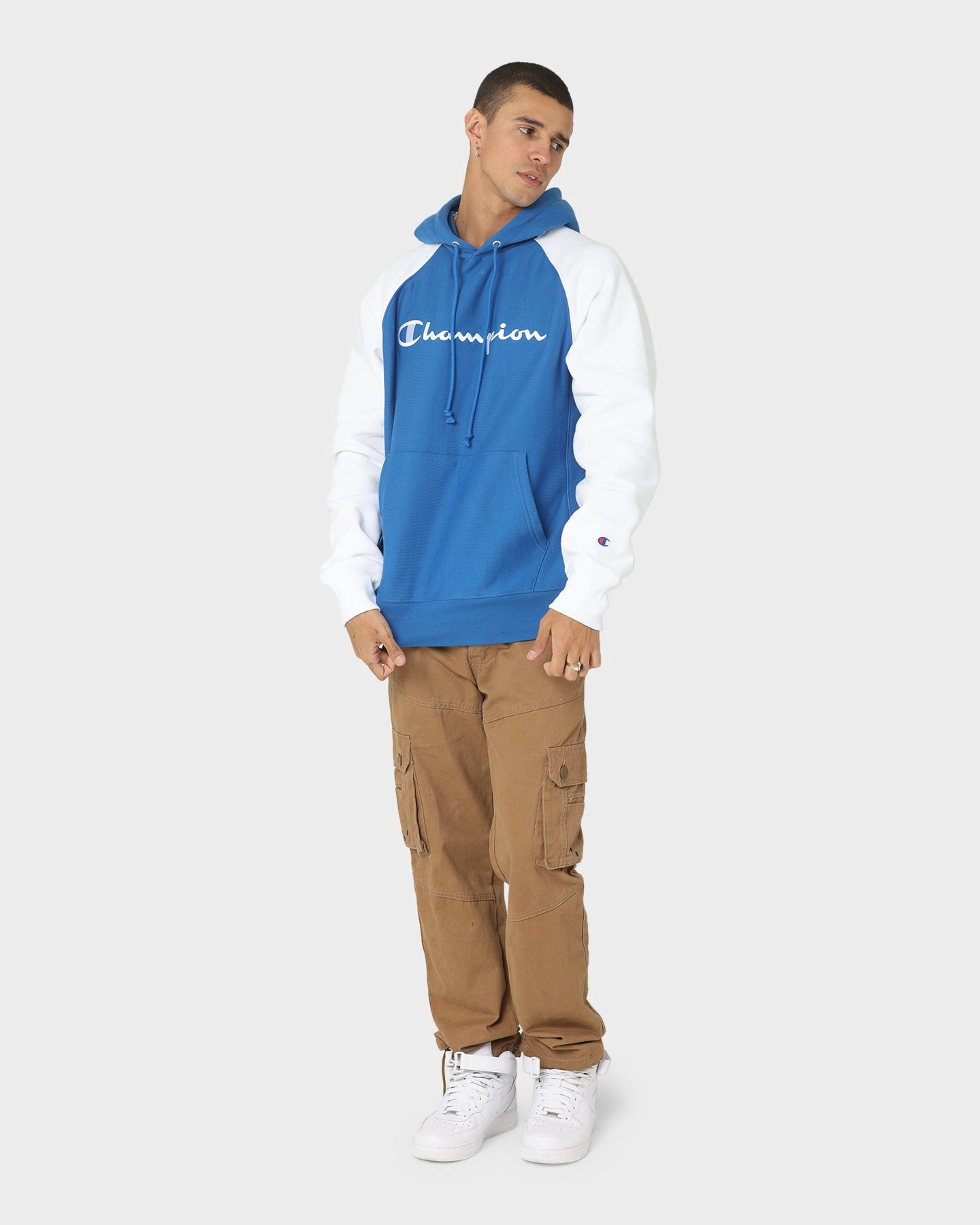 Champion Reverse Weave Raglan Hoodie Living In Blue Quick Zip
