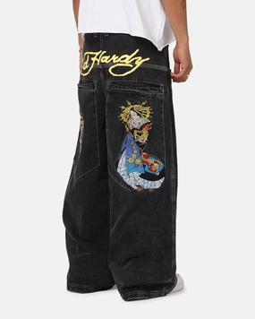 Relaxed Cut Vintage Lover Smooth Bold Ed Hardy Ultra Wide Leg Denim Jeans Black/Yellow