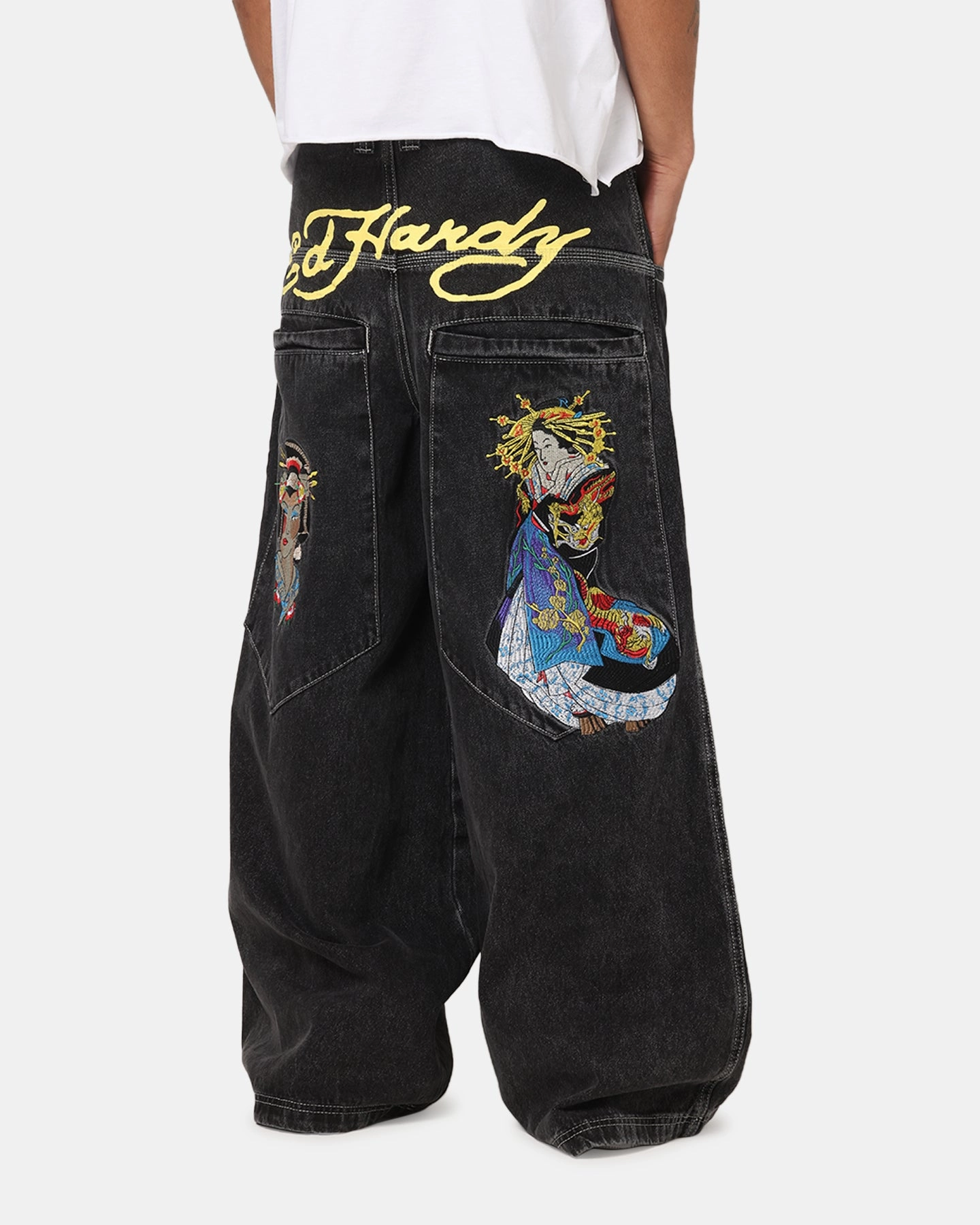 Ed Hardy Ultra Wide Leg Denim Jeans Black/Yellow Sunny Vibes Teen Outfit Summer Vibes Beach Day Modern