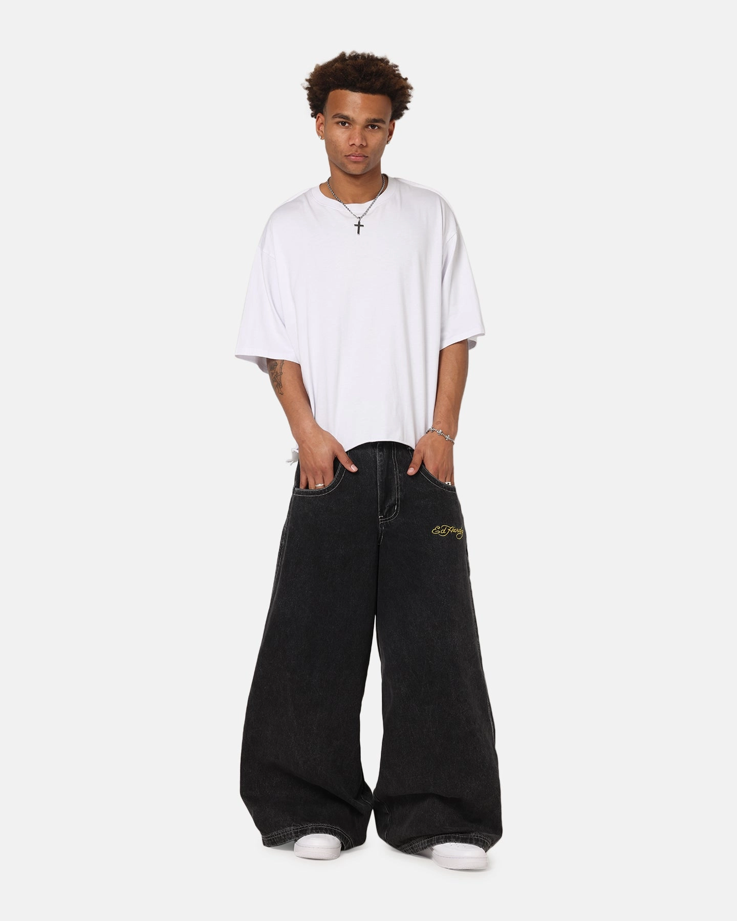Winter Warmth Durable Ed Hardy Ultra Wide Leg Denim Jeans Black/Yellow