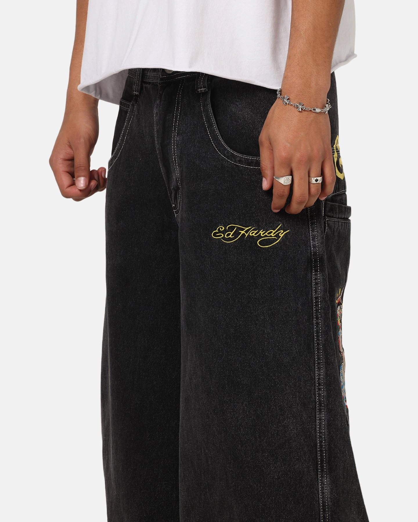 Daily Function Stretch Classic Gym Ready Ed Hardy Ultra Wide Leg Denim Jeans Black/Yellow