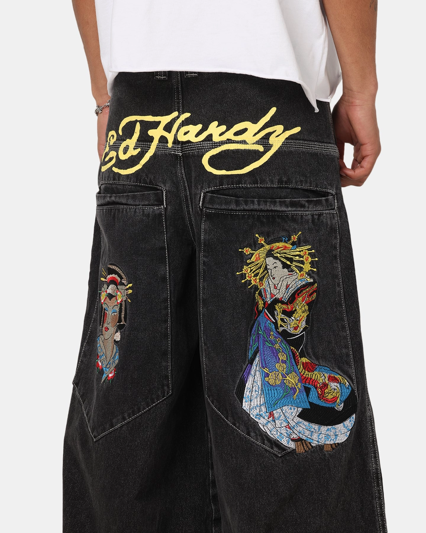 Cool Outfit Anywhere Fit Ed Hardy Ultra Wide Leg Denim Jeans Black/Yellow