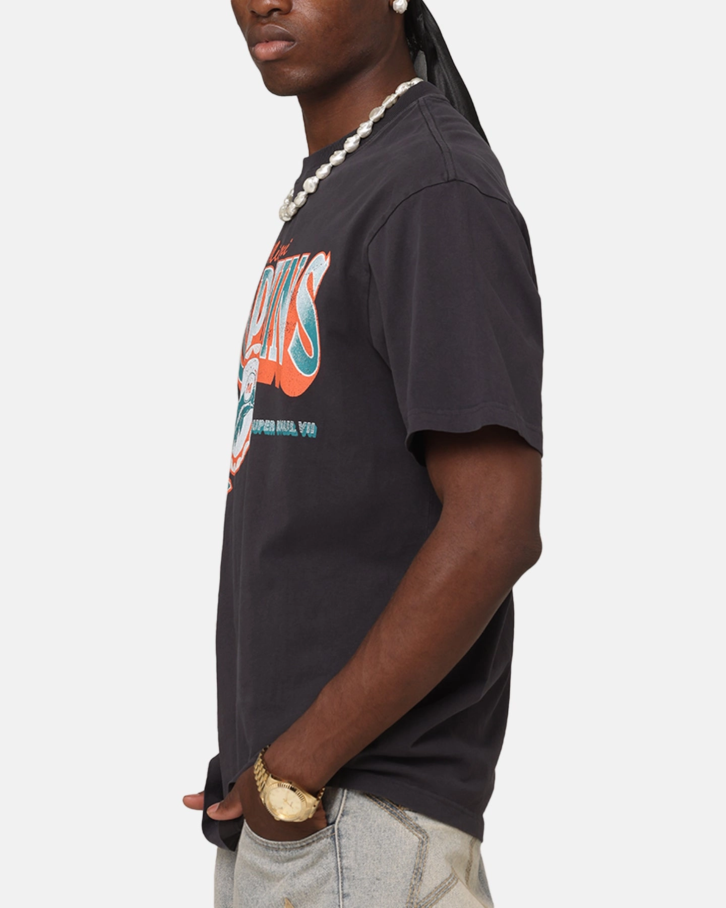 Soft and Light Yoga class Mitchell & Ness Miami Dolphins Arch T-Shirt Faded Black