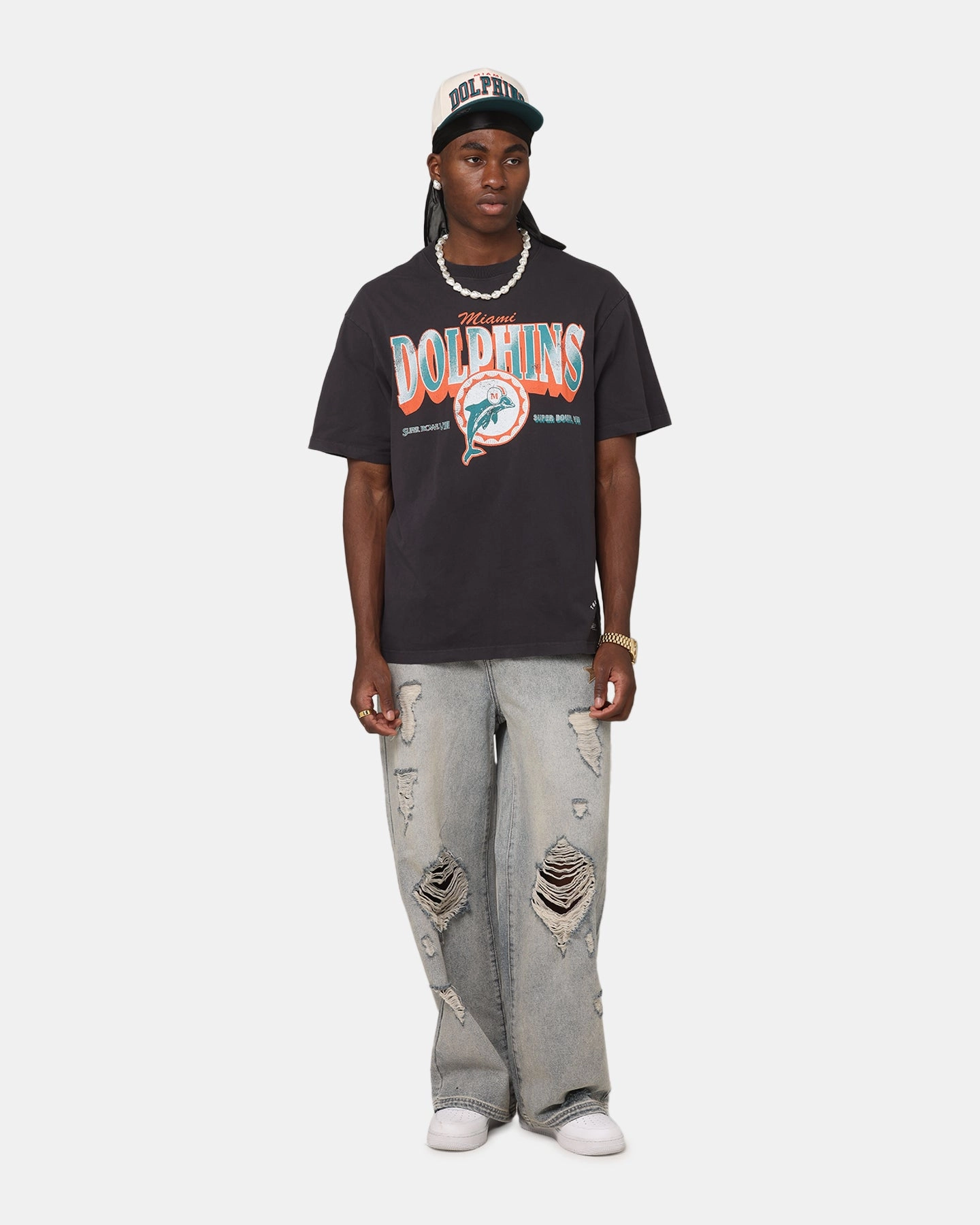 Mitchell & Ness Miami Dolphins Arch T-Shirt Faded Black Trendy Comfort Wear Anti Odor Treatment