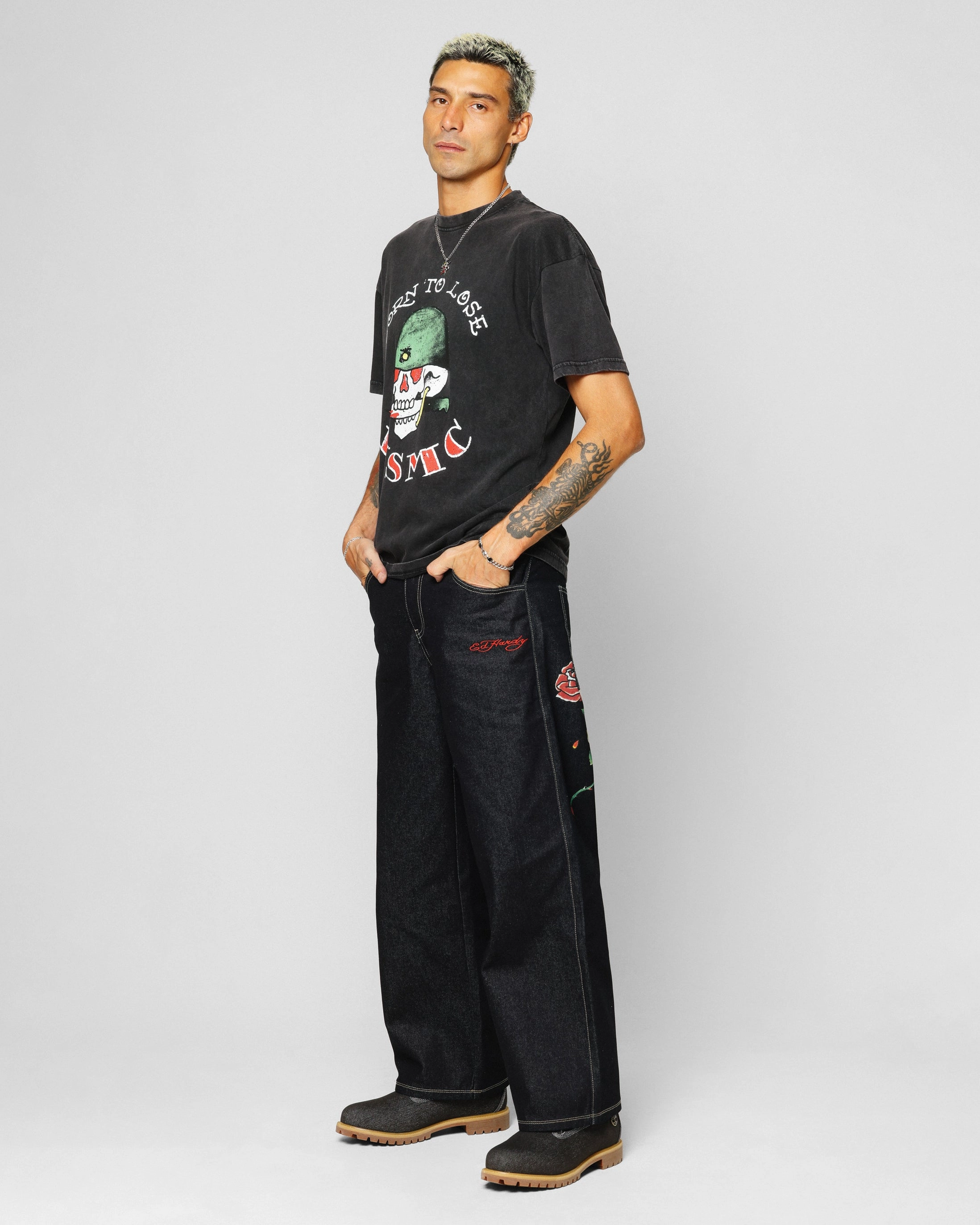 Embroidered Details BioBased Fibers Ed Hardy Born To Lose T-Shirt Black Acidwash