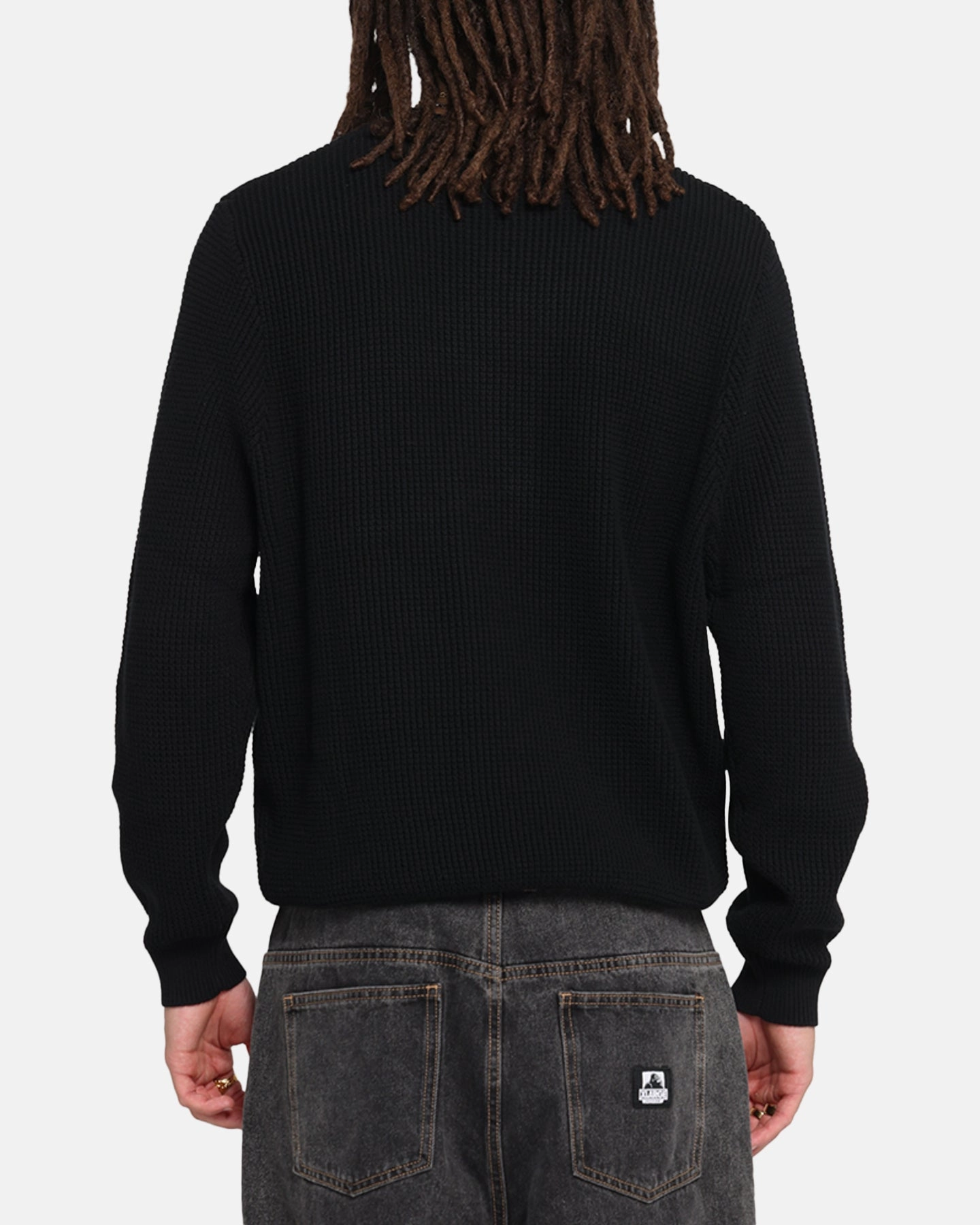 X-Large Script Waffle Knit Sweater Black Vegan Leather Accents Double Layered Hood