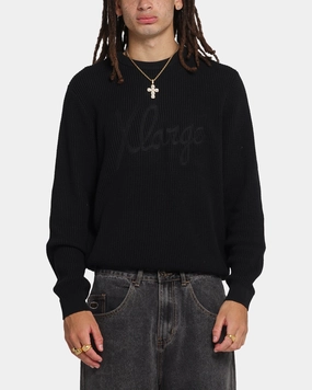 High Collar Style X-Large Script Waffle Knit Sweater Black