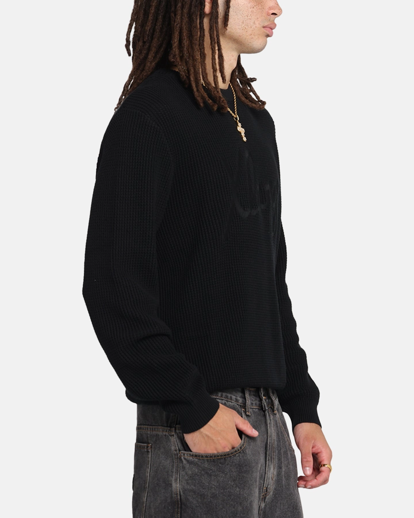 Recycled Material Construction X-Large Script Waffle Knit Sweater Black