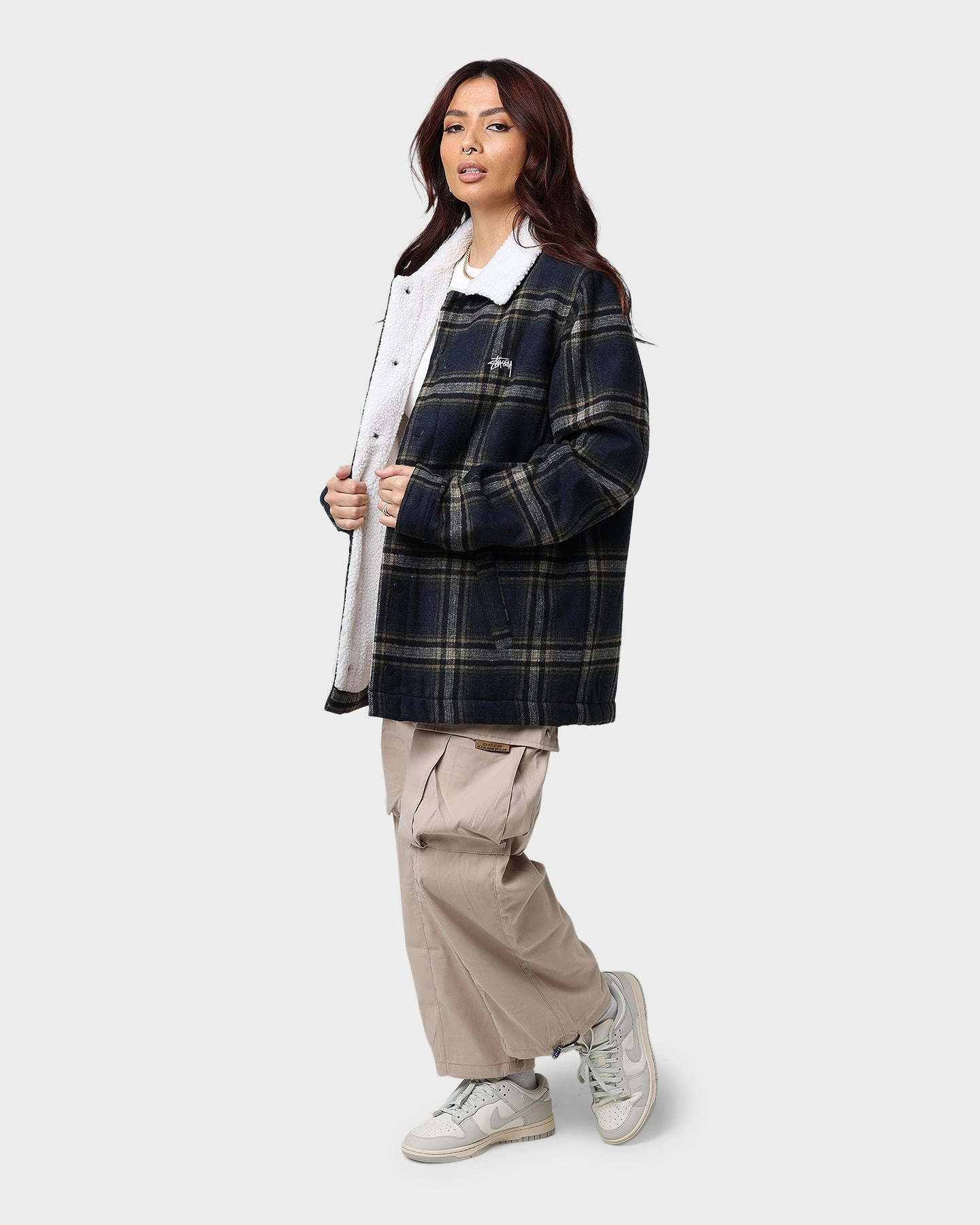 Stussy Plaid Sherpa Jacket Navy Check Sleek Outerwear Preppy