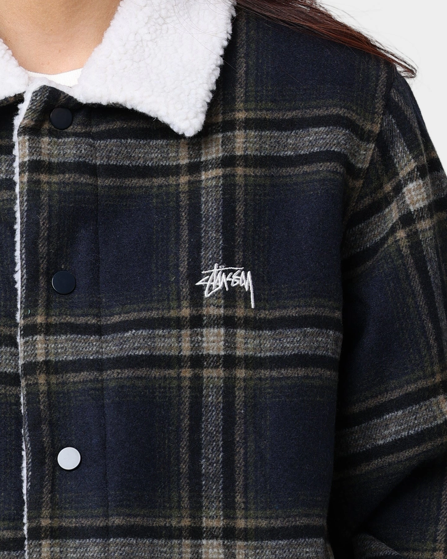 Waterproof Material Protect Stussy Plaid Sherpa Jacket Navy Check