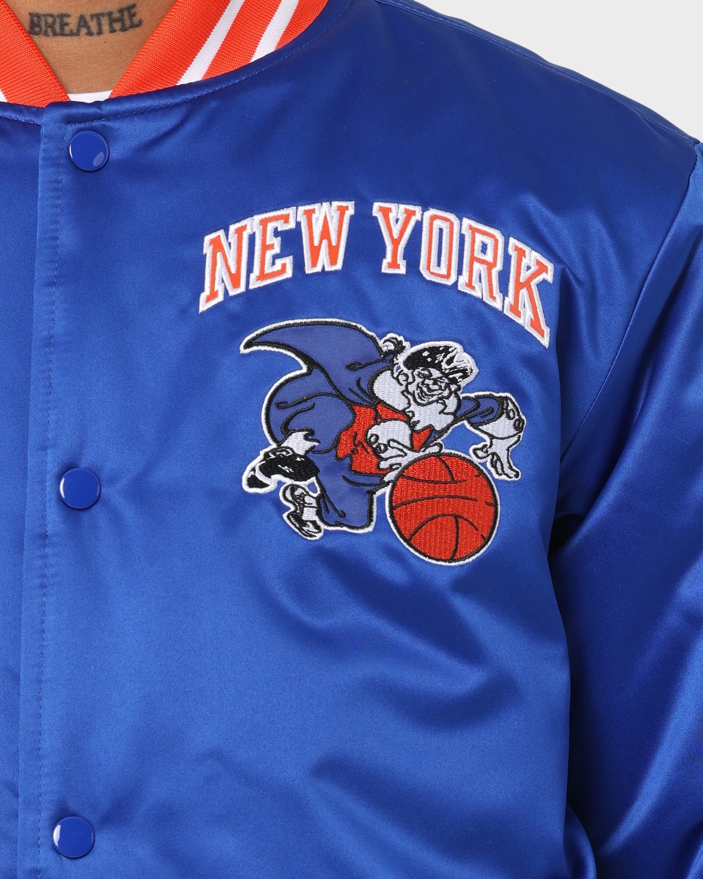 neutral - colored Mitchell & Ness New York Knicks Heavyweight Satin Jacket Royal