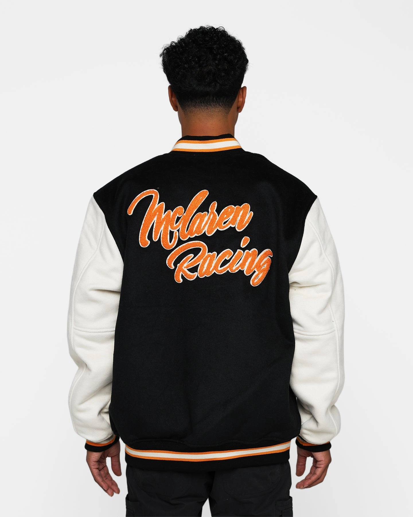 Mitchell & Ness X McLaren Racing Varsity Jacket Black/Cream fireplace TailoredSilhouette