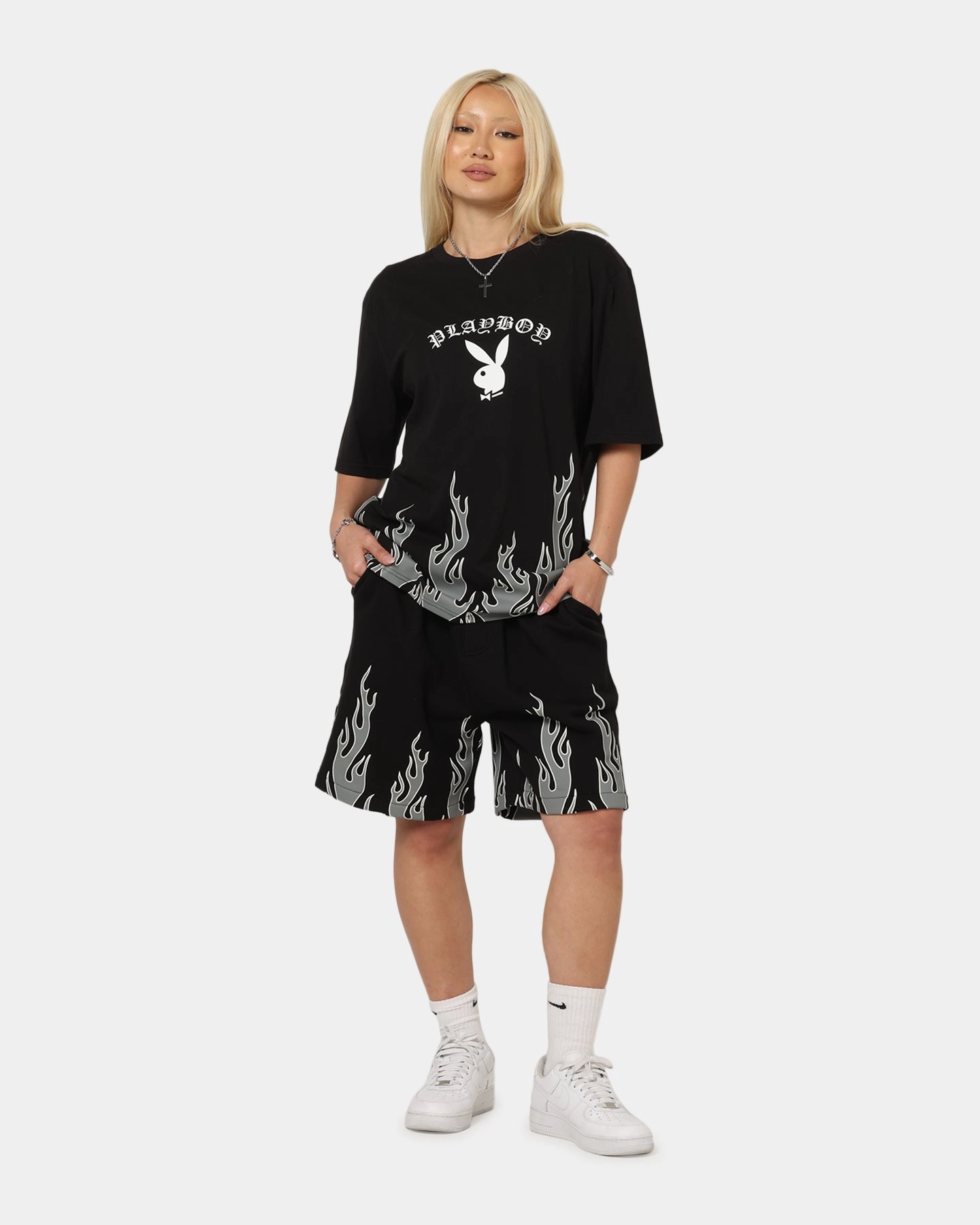 Playboy Gothic Flames T-Shirt Black School Uniform Brushed Interior Lining