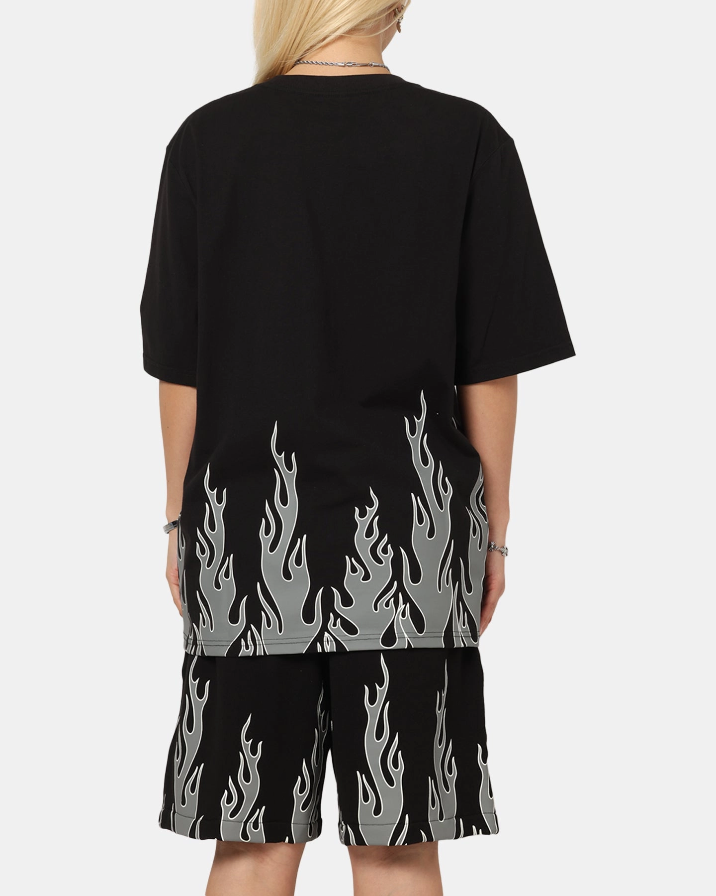 Textured Surface Spandex Enhanced Elasticity Playboy Gothic Flames T-Shirt Black