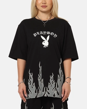 Fashion Layering Street Style Playboy Gothic Flames T-Shirt Black