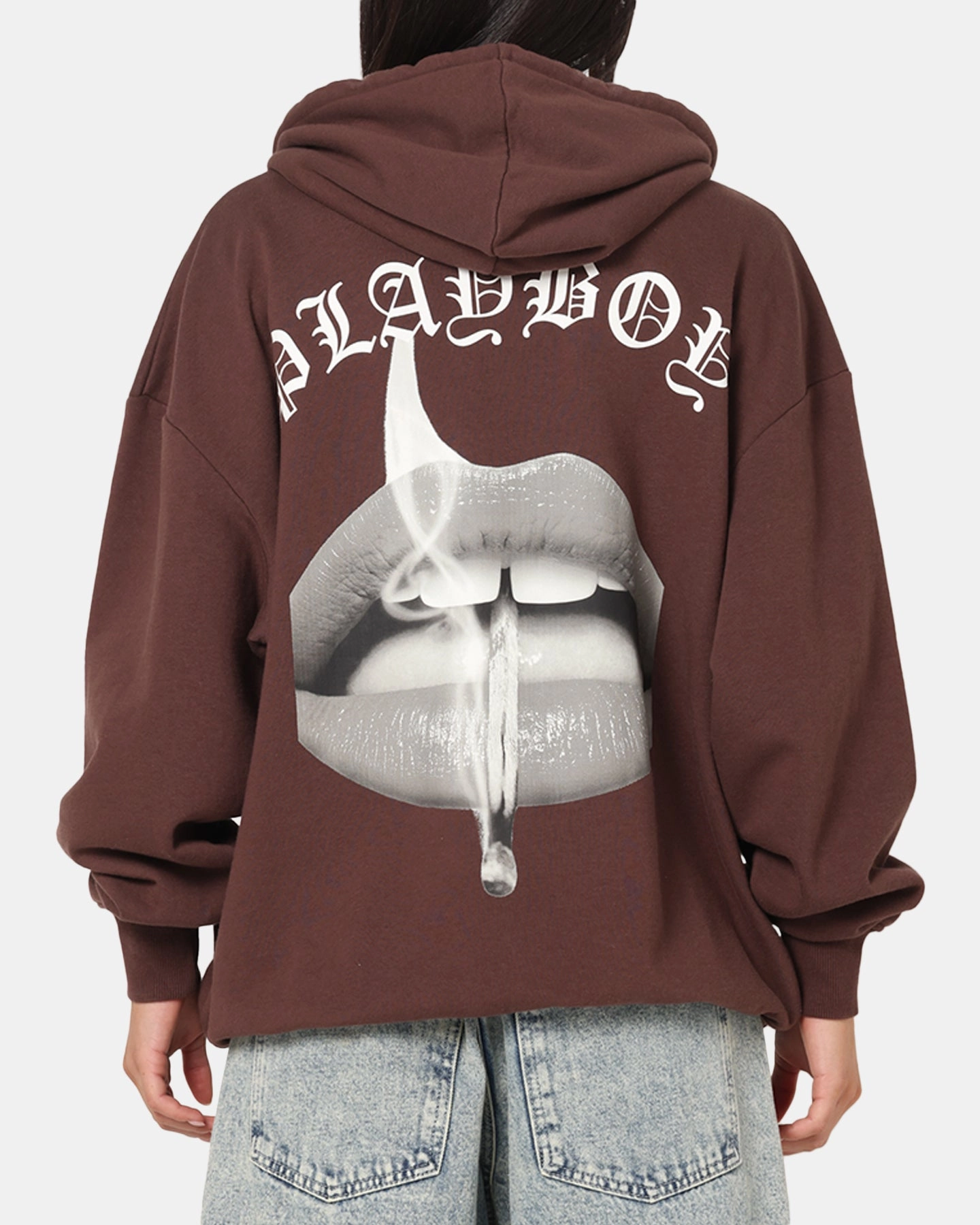 Playboy Gothic Mono Lips Hoodie Washed Brown Short-sleeved