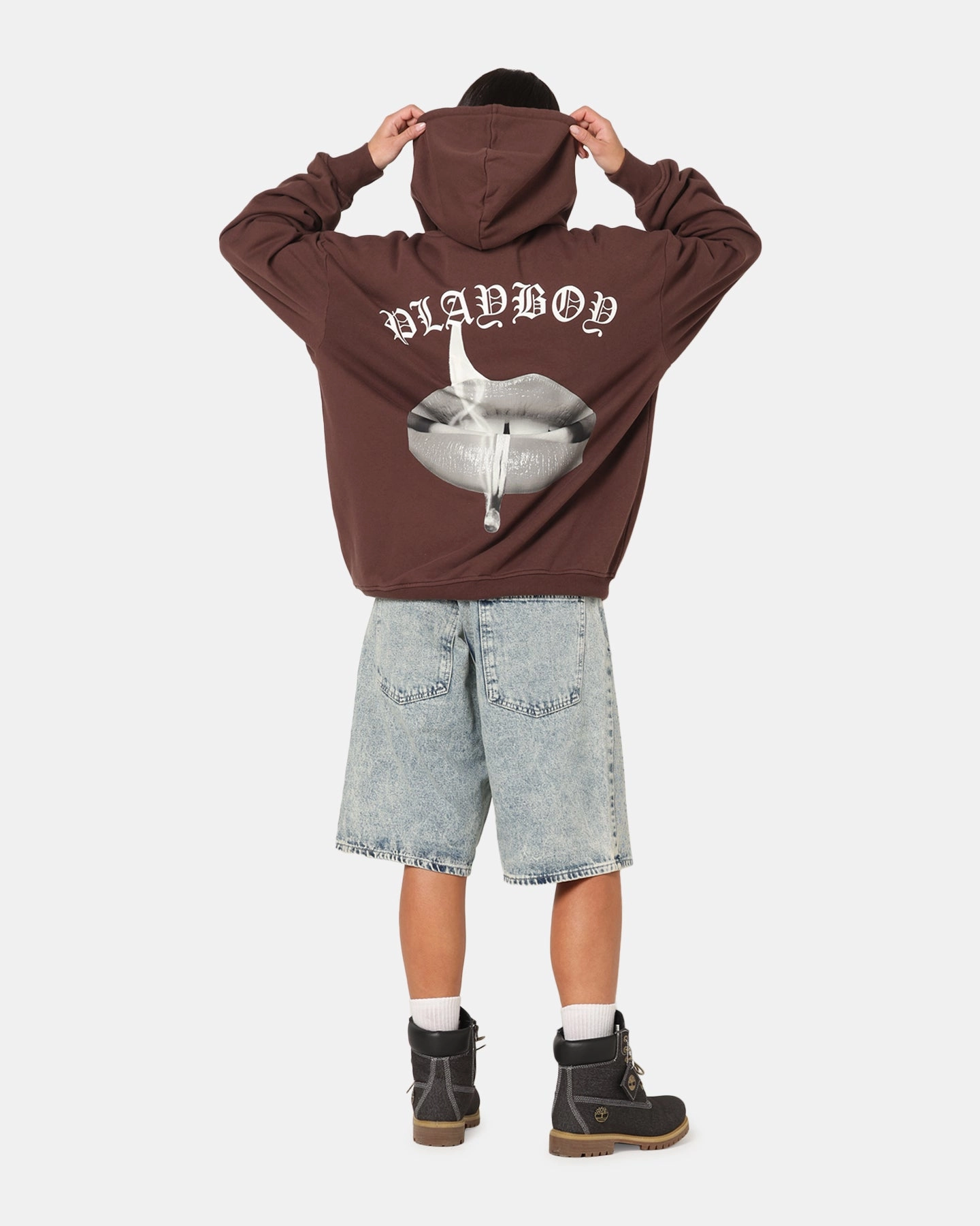 Playboy Gothic Mono Lips Hoodie Washed Brown City Zippered Closure