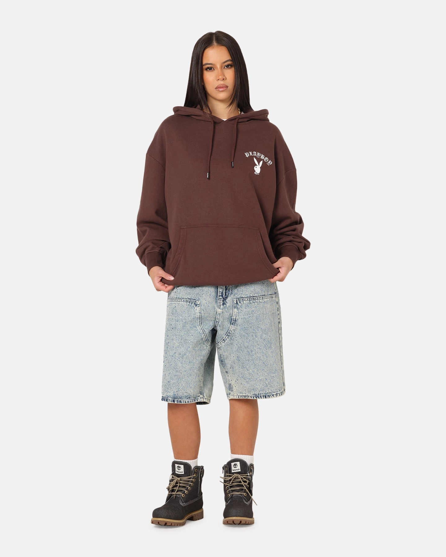 Playboy Gothic Mono Lips Hoodie Washed Brown FullLengthZip Detachable Hood