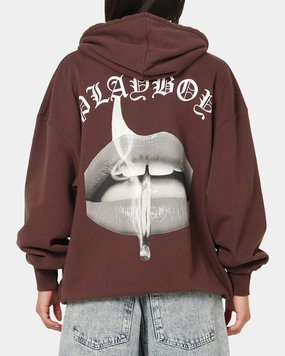 Playboy Gothic Mono Lips Hoodie Washed Brown Short-sleeved