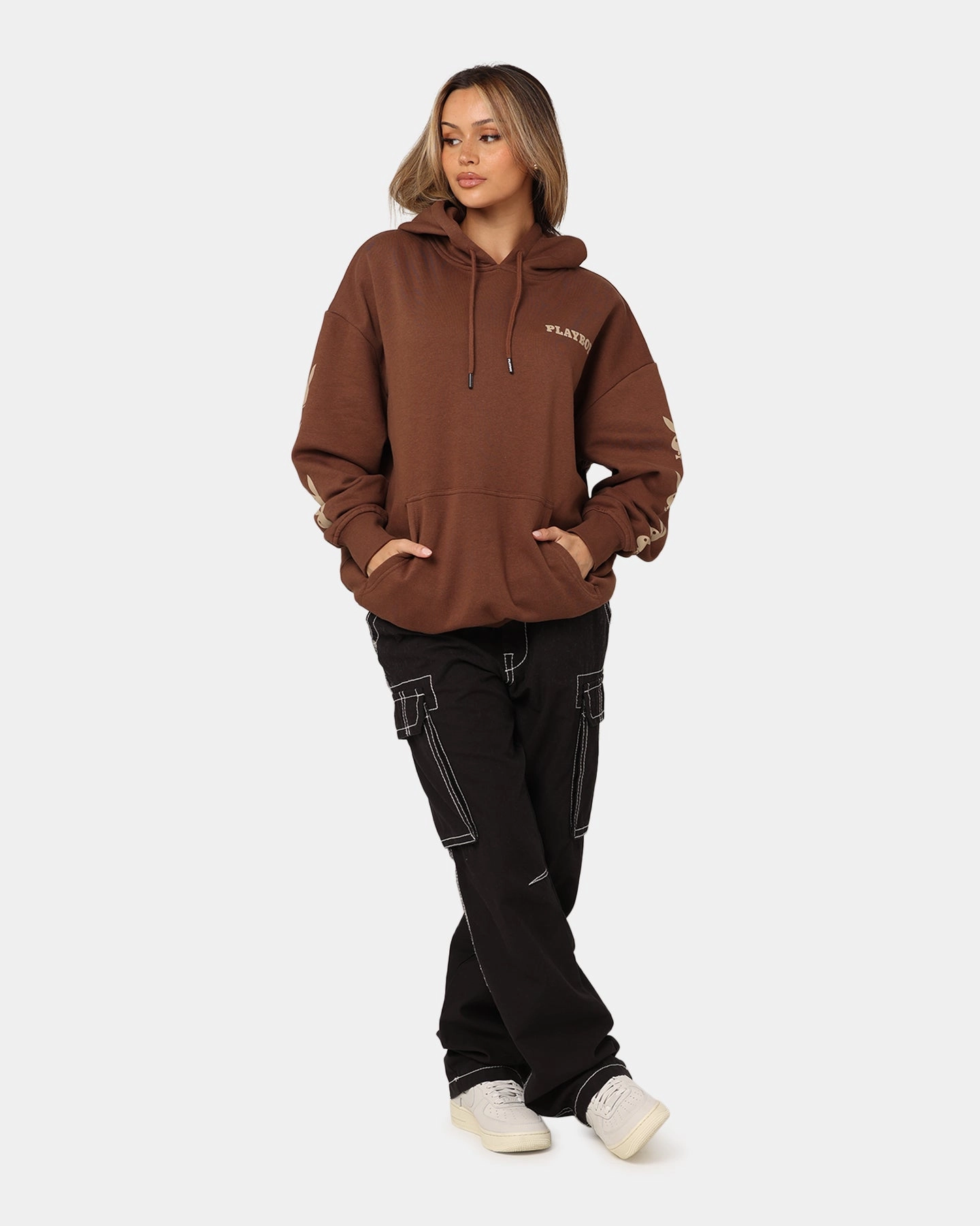 Softshell Fabric Playboy Side Bunny Stack Hoodie Brown