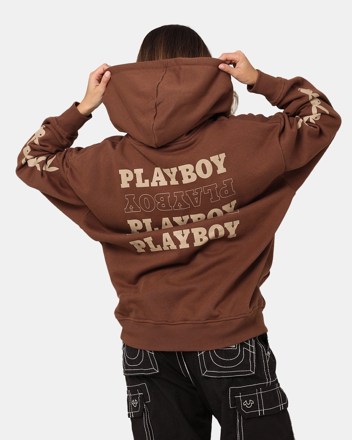 Playboy Side Bunny Stack Hoodie Brown Windproof Closure Slide
