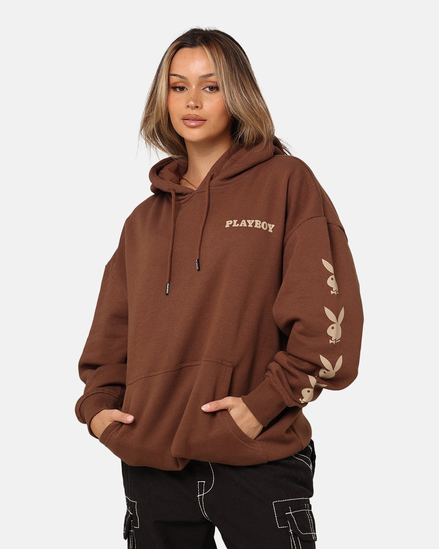 men Reinforced Elbows Playboy Side Bunny Stack Hoodie Brown