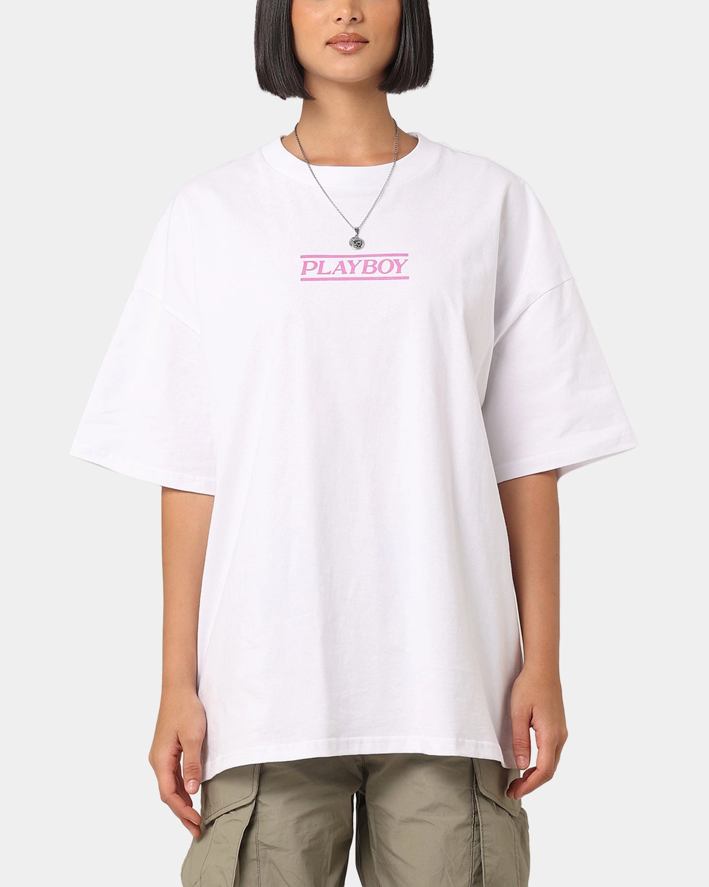 Raw Hem Finish Playboy The Kiss T-Shirt White/Pink