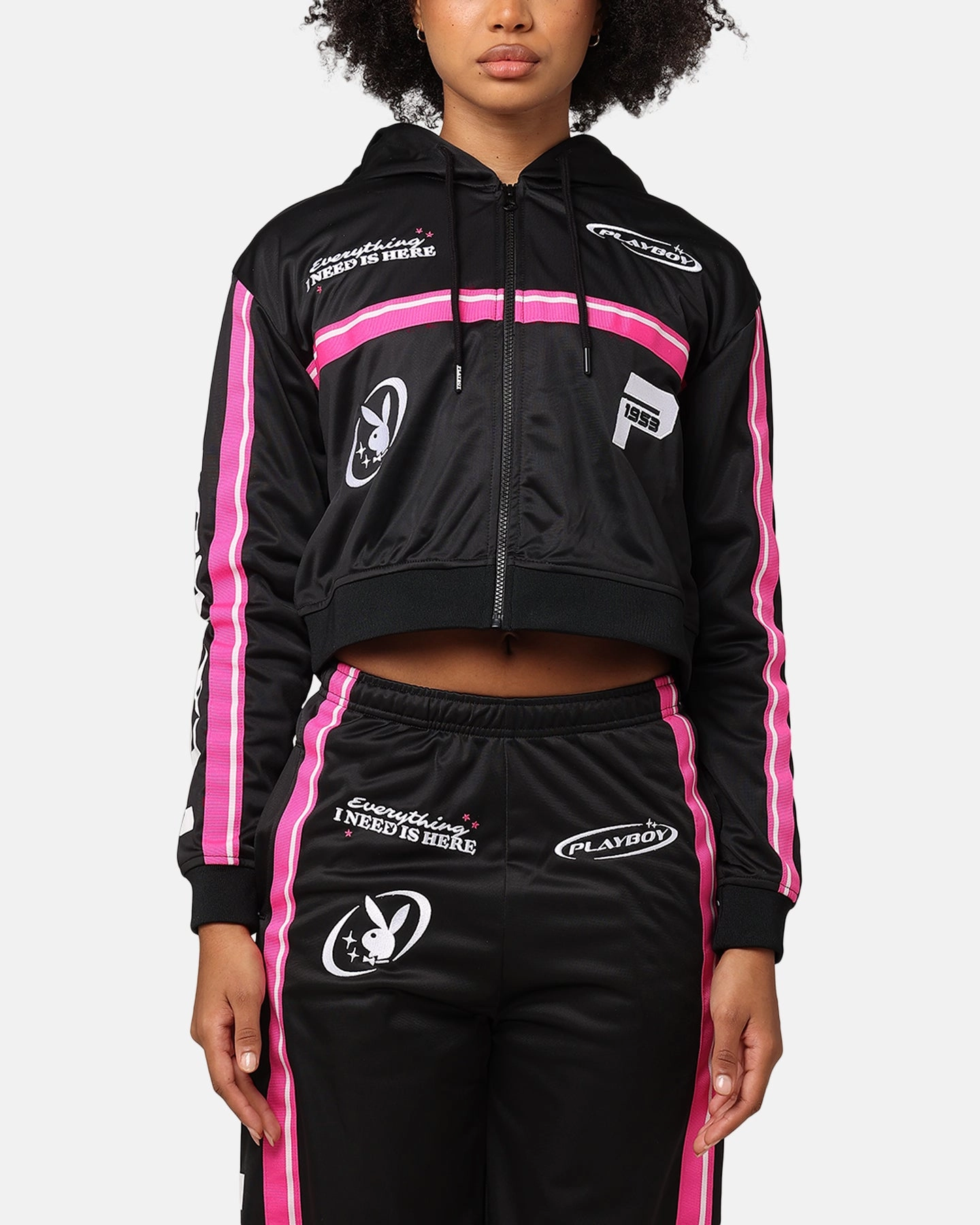 Adjustable Fit back - to - school Playboy Women's Racing 1953 Cropped Zip Jacket Black
