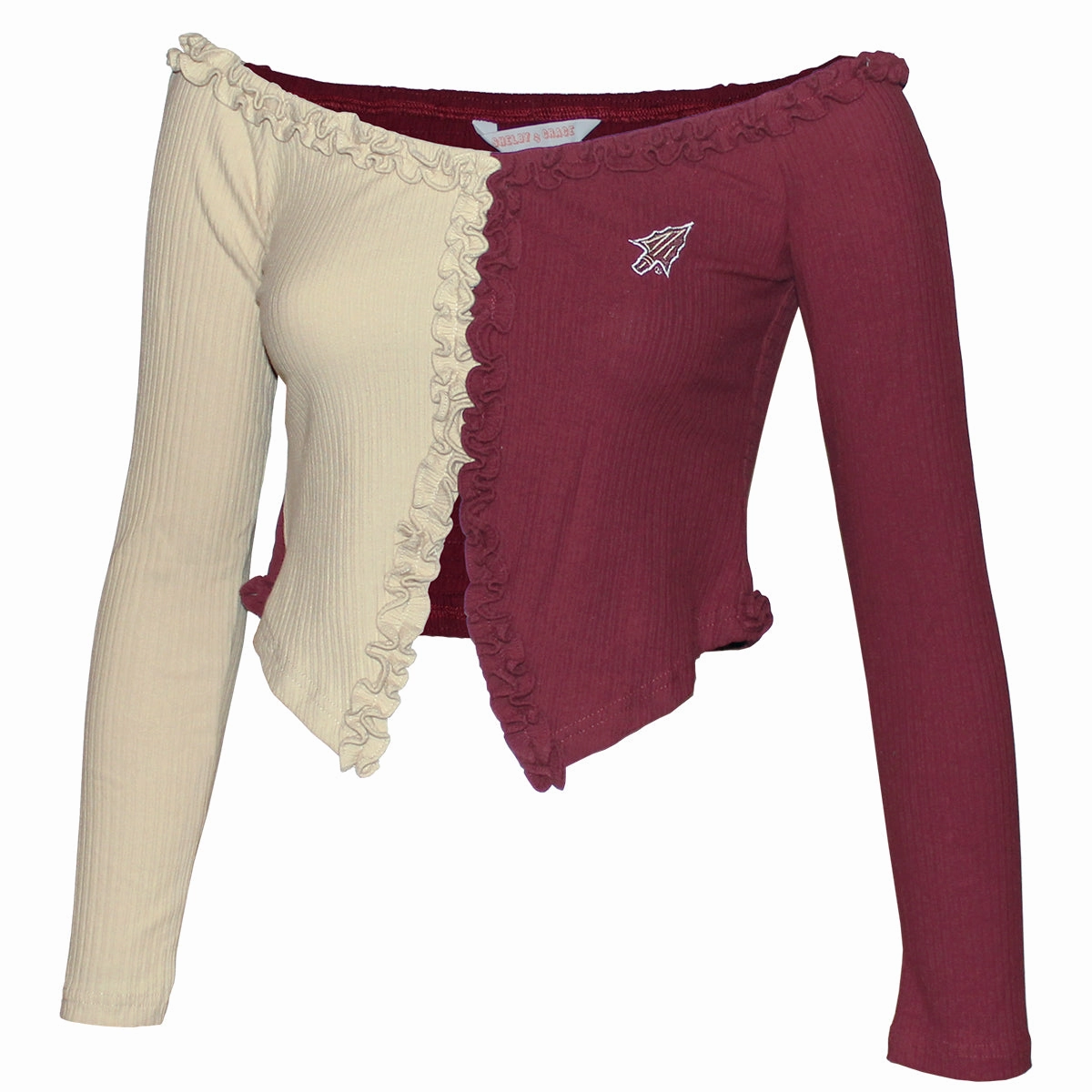 Bright and Bold Urban Casual Emerson Street Women's Arrowhead Logo Ribbed Long Sleeve Off the Shoulder Crop - Garnet/Gold