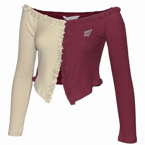 Casual Chic Wear Emerson Street Women's Arrowhead Logo Ribbed Long Sleeve Off the Shoulder Crop - Garnet/Gold
