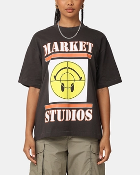 Stylish Layering WrinkleResistant Market X Smiley Focus T-Shirt Washed Black