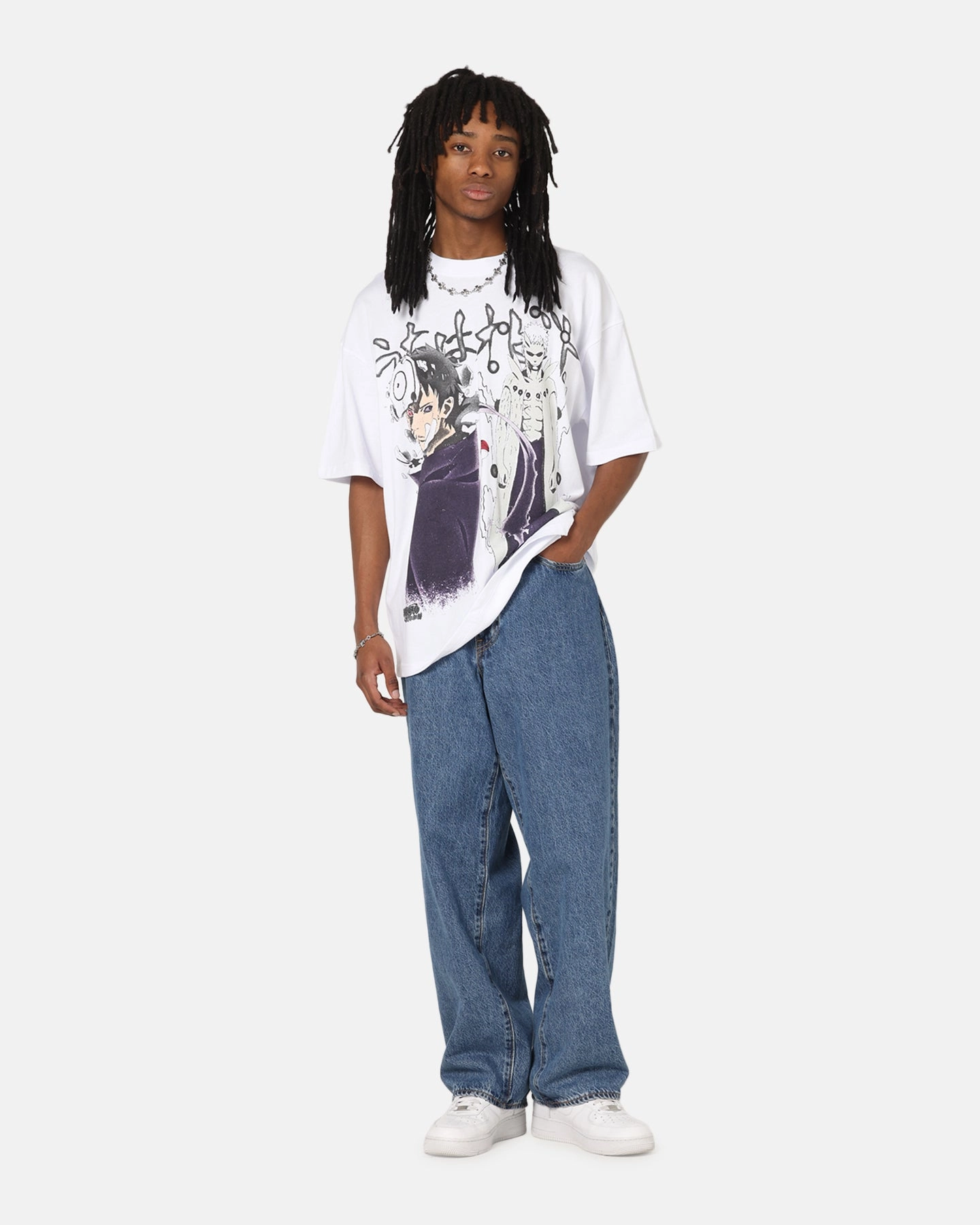 Anti Shrinkage Treatment Abstract print 73 Studio X Naruto Shippuden Obito Vintage T-Shirt White