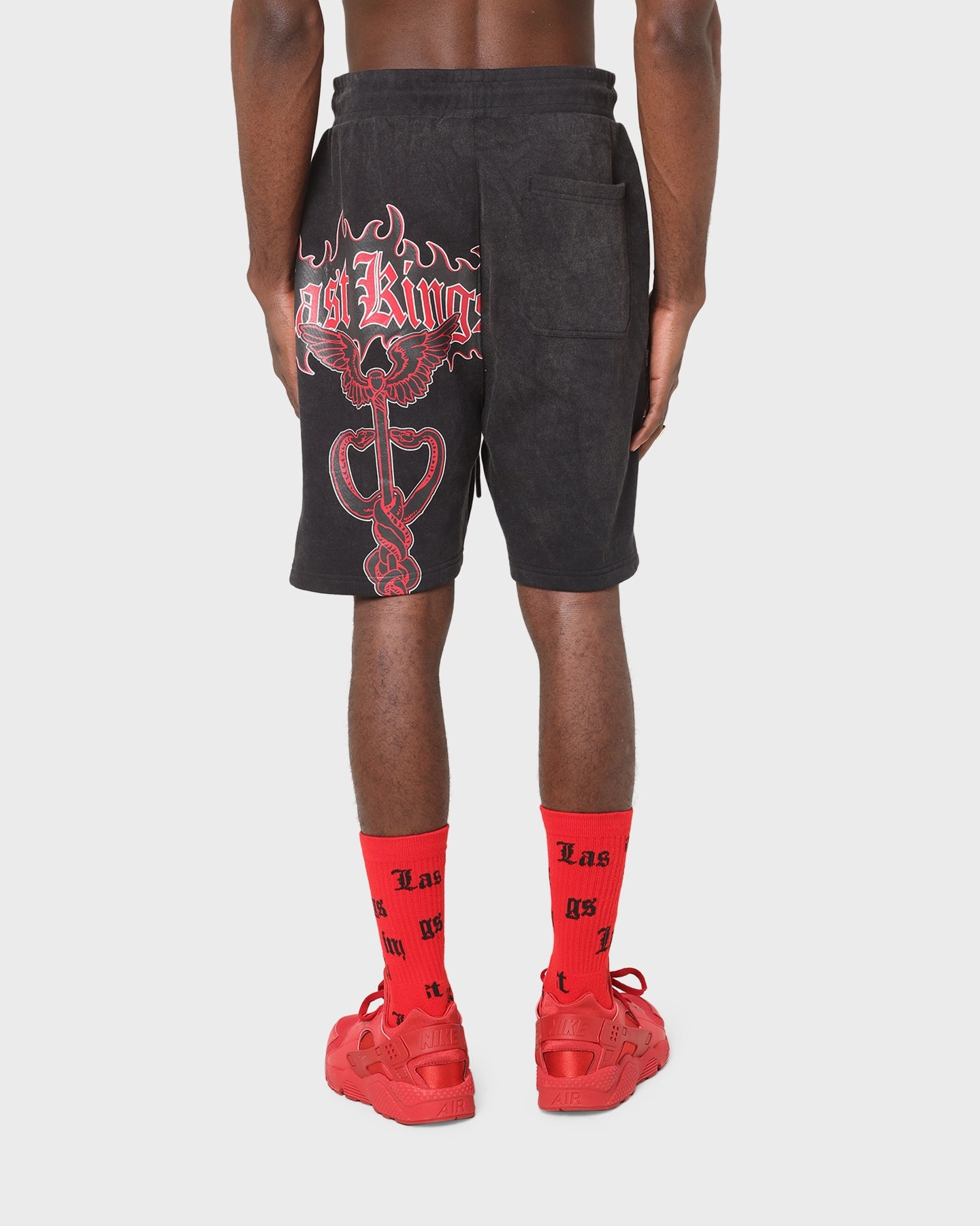 Last Kings Flaming Wings Sweat Shorts Black Wash Stretchable Waistband Go Light