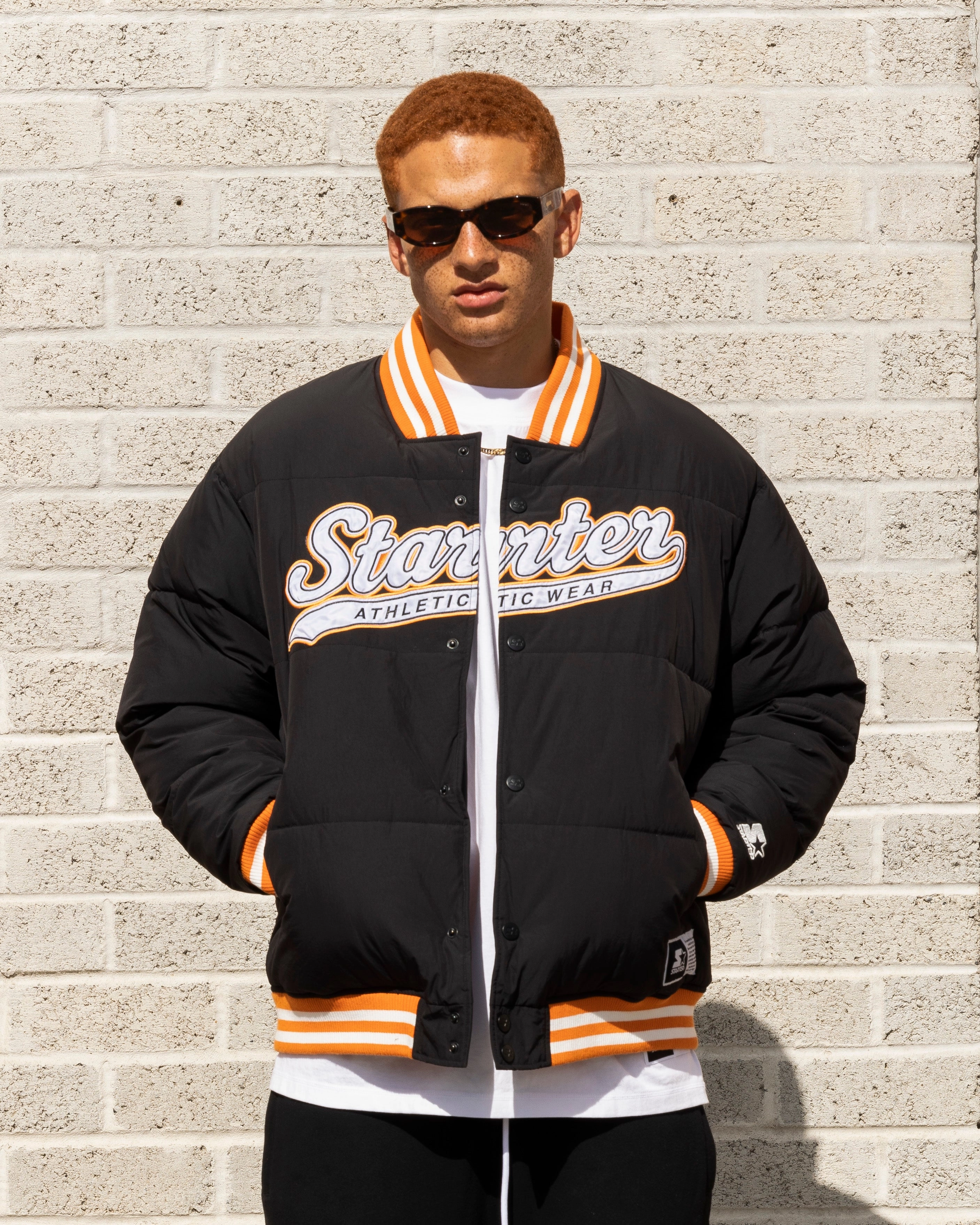 Starter Athletic Bomber Jacket Black Hidden Zipper Closure TailoredSilhouette