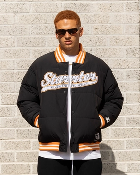 Starter Athletic Bomber Jacket Black Hidden Zipper Closure TailoredSilhouette