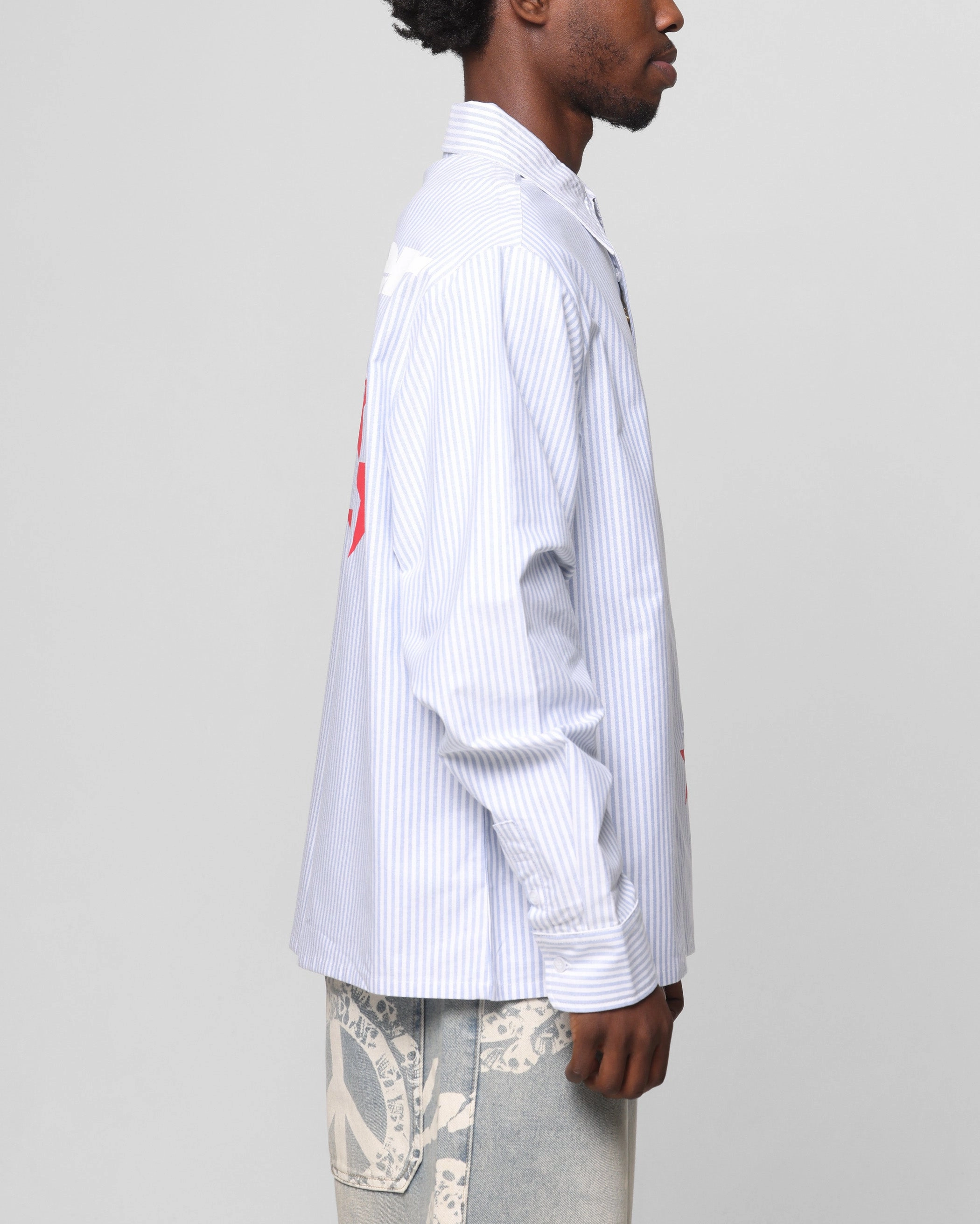Luxurious Feel Non Static Finish Loiter Solar Button Up Shirt Blue Pin Stripe
