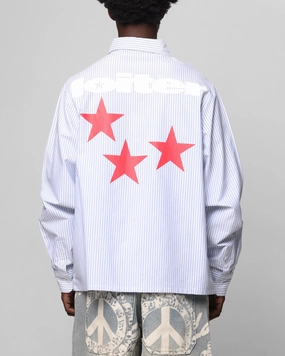 Loiter Solar Button Up Shirt Blue Pin Stripe Flatlock stitching