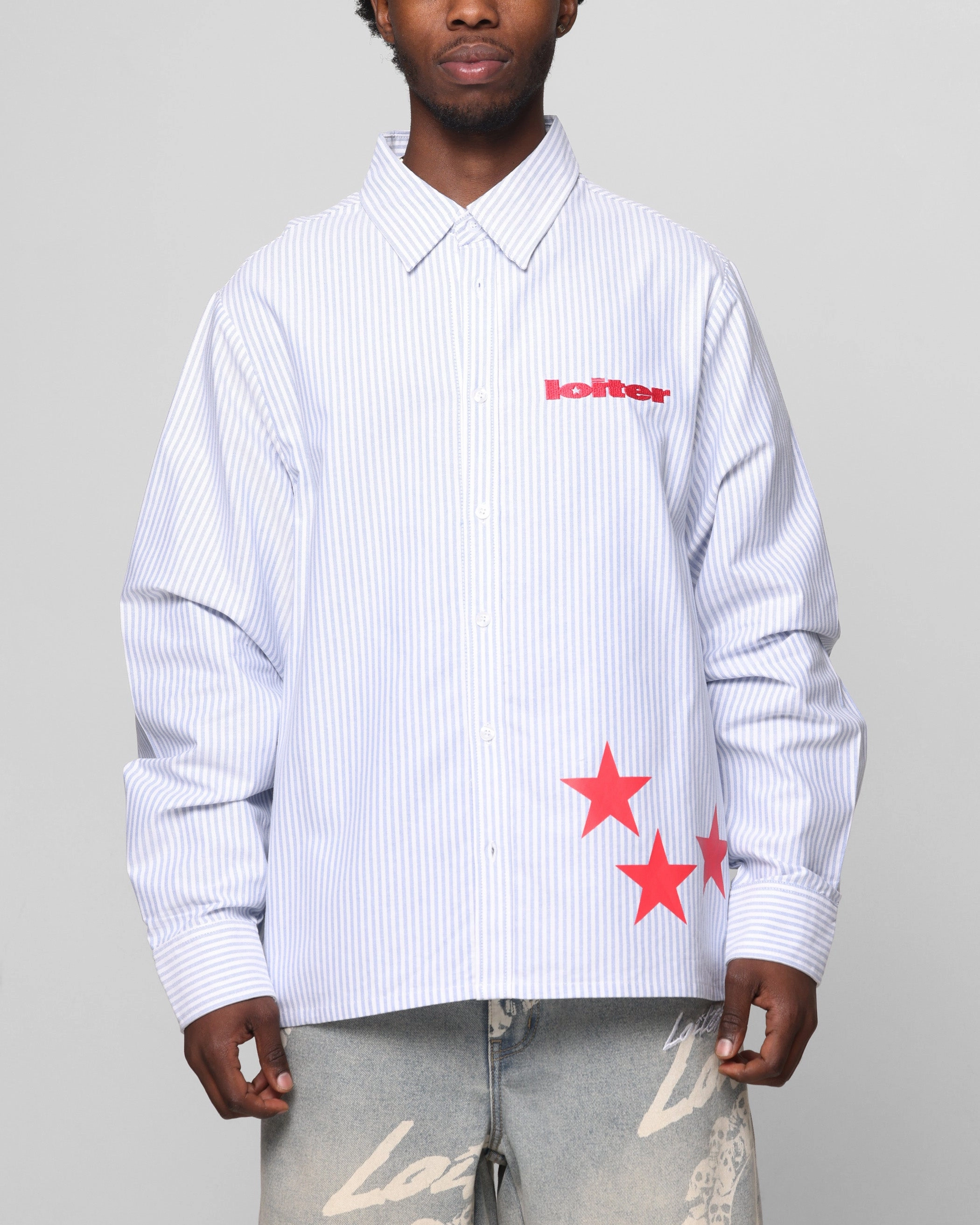Loiter Solar Button Up Shirt Blue Pin Stripe Layered Collar Gender Neutral