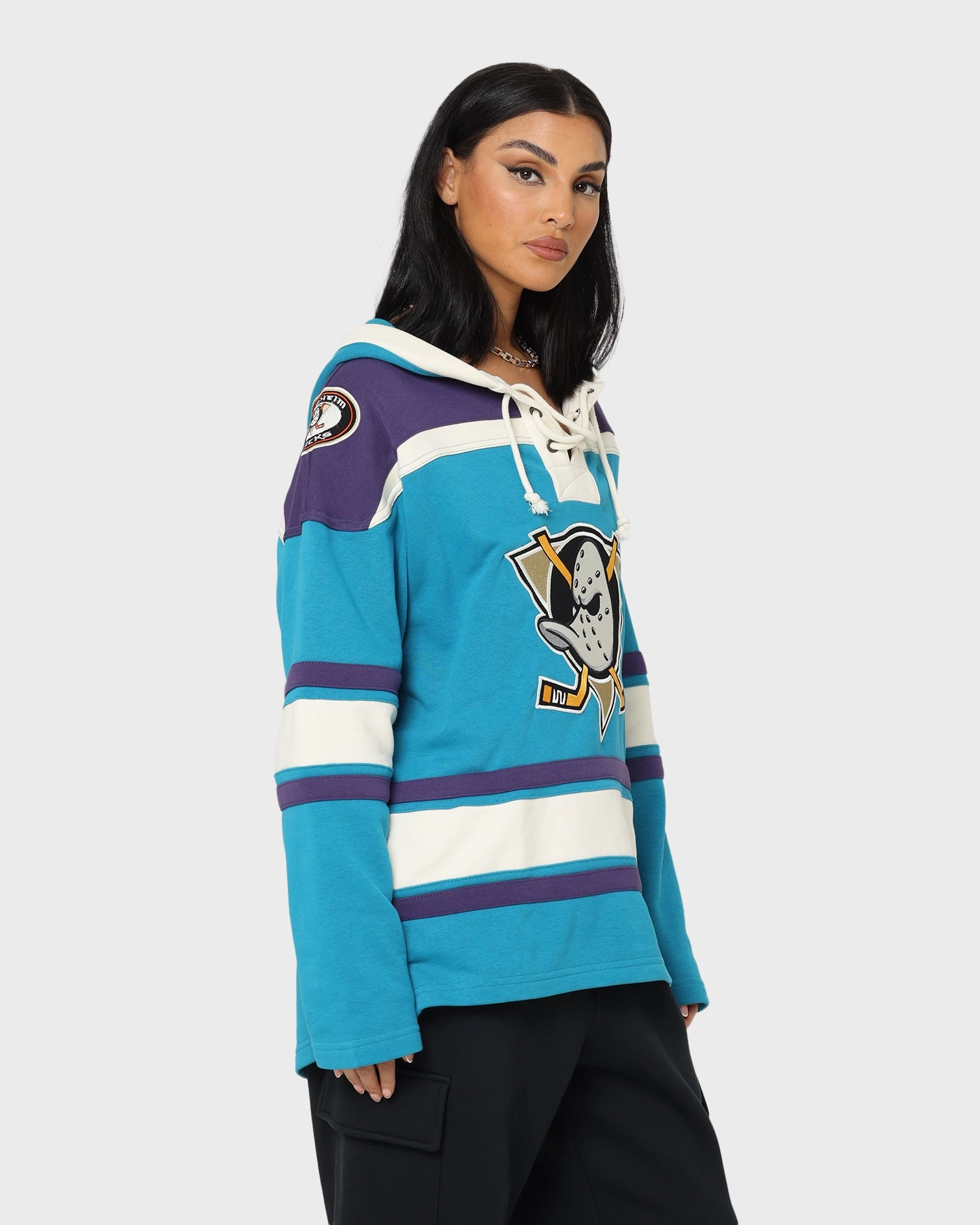 Heat Reflective Tech Adult 47 Brand Anaheim Ducks Lacer Hoodie Purple/Sharks Teal