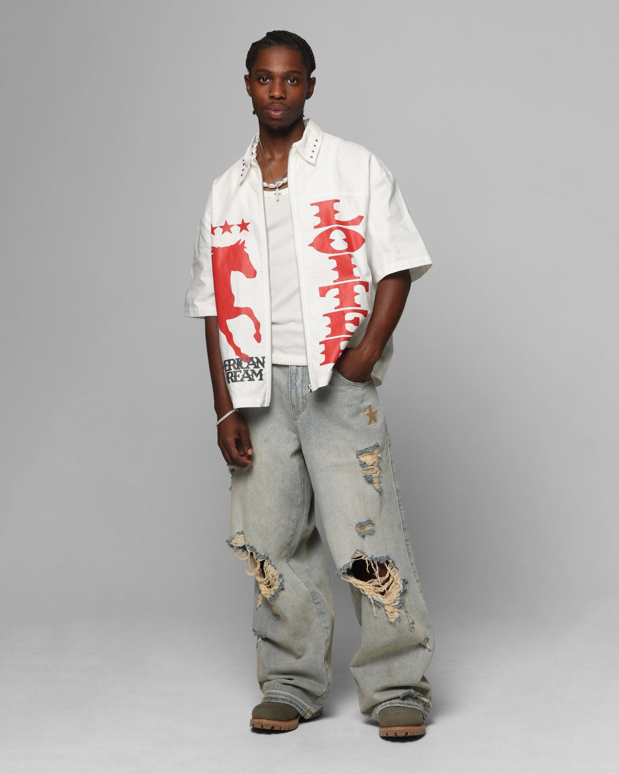 Loiter Rodeo Zip Up Shirt Off White Night Out